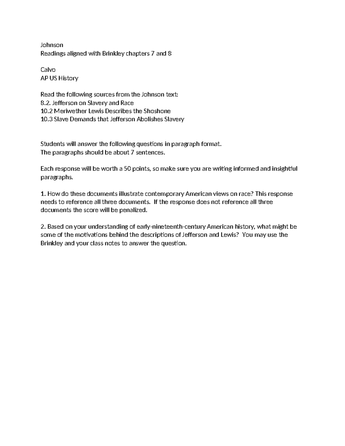 Johnson 7-8 - Johnson Readings aligned with Brinkley chapters 7 and 8 ...