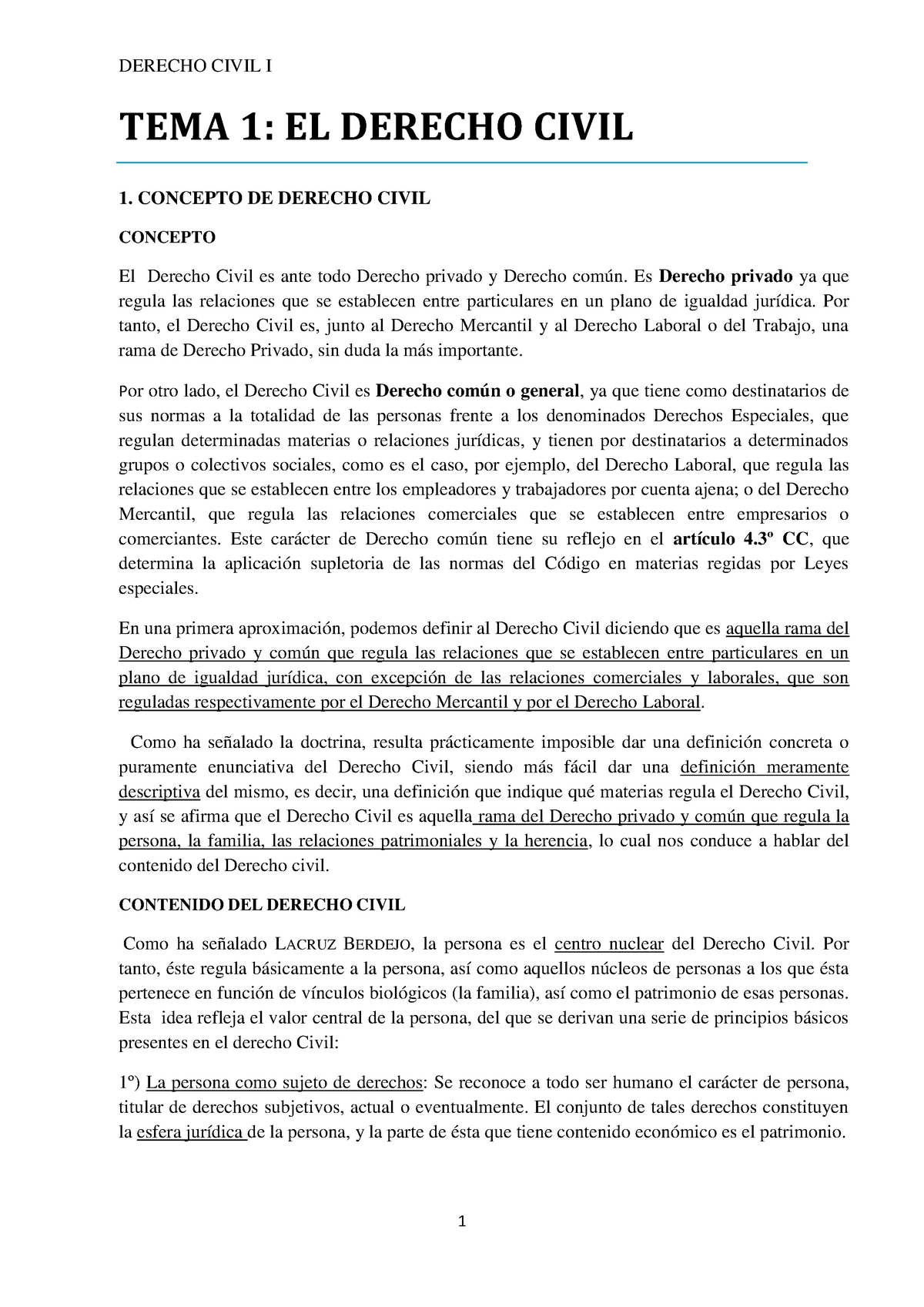 Derecho Civil I - Apuntes - D. CIVIL I - TEMA 1: EL DERECHO CIVIL 1 ...