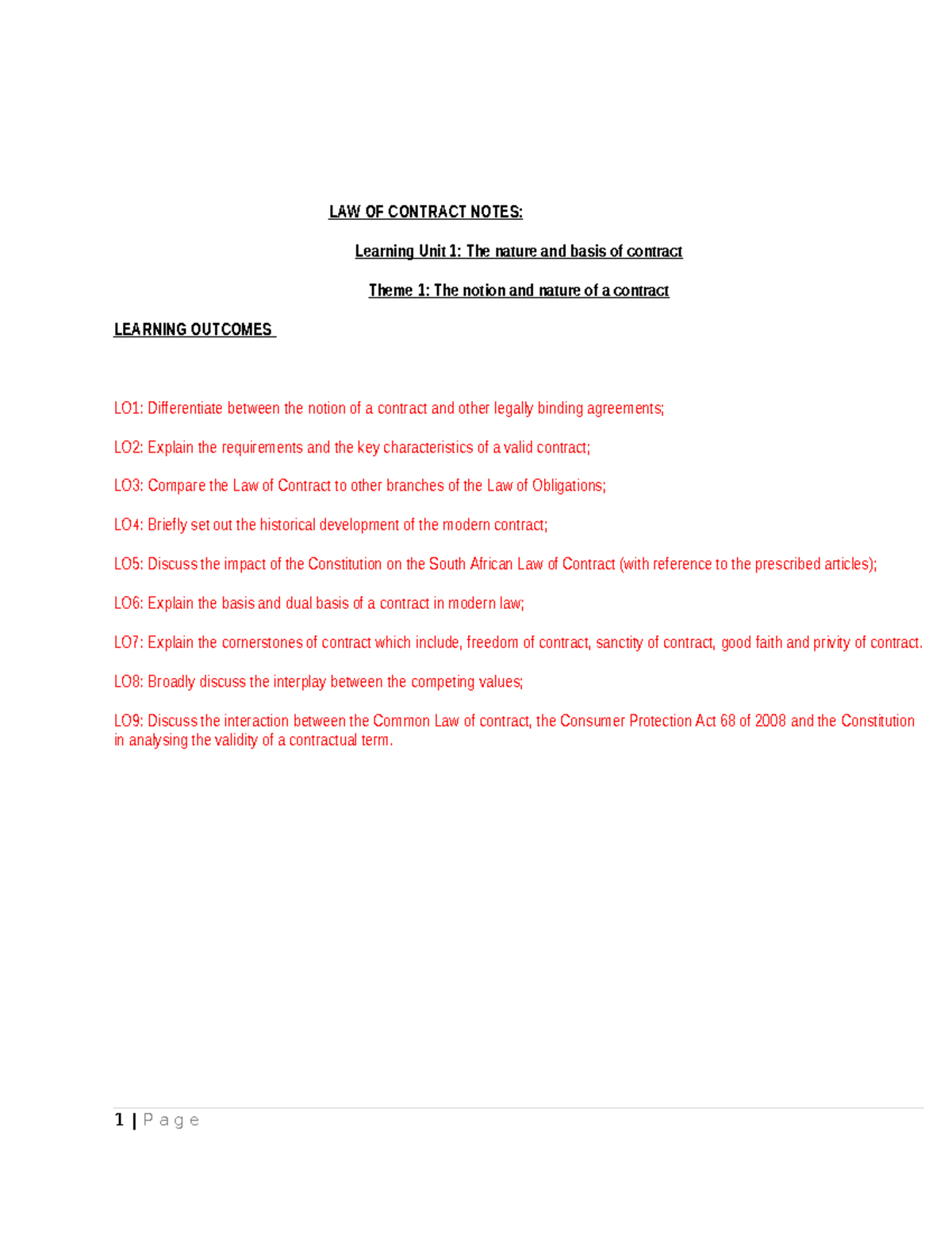 LU1 Theme 1 - Lecture Notes(2) - LAW OF CONTRACT NOTES: Learning Unit 1 ...