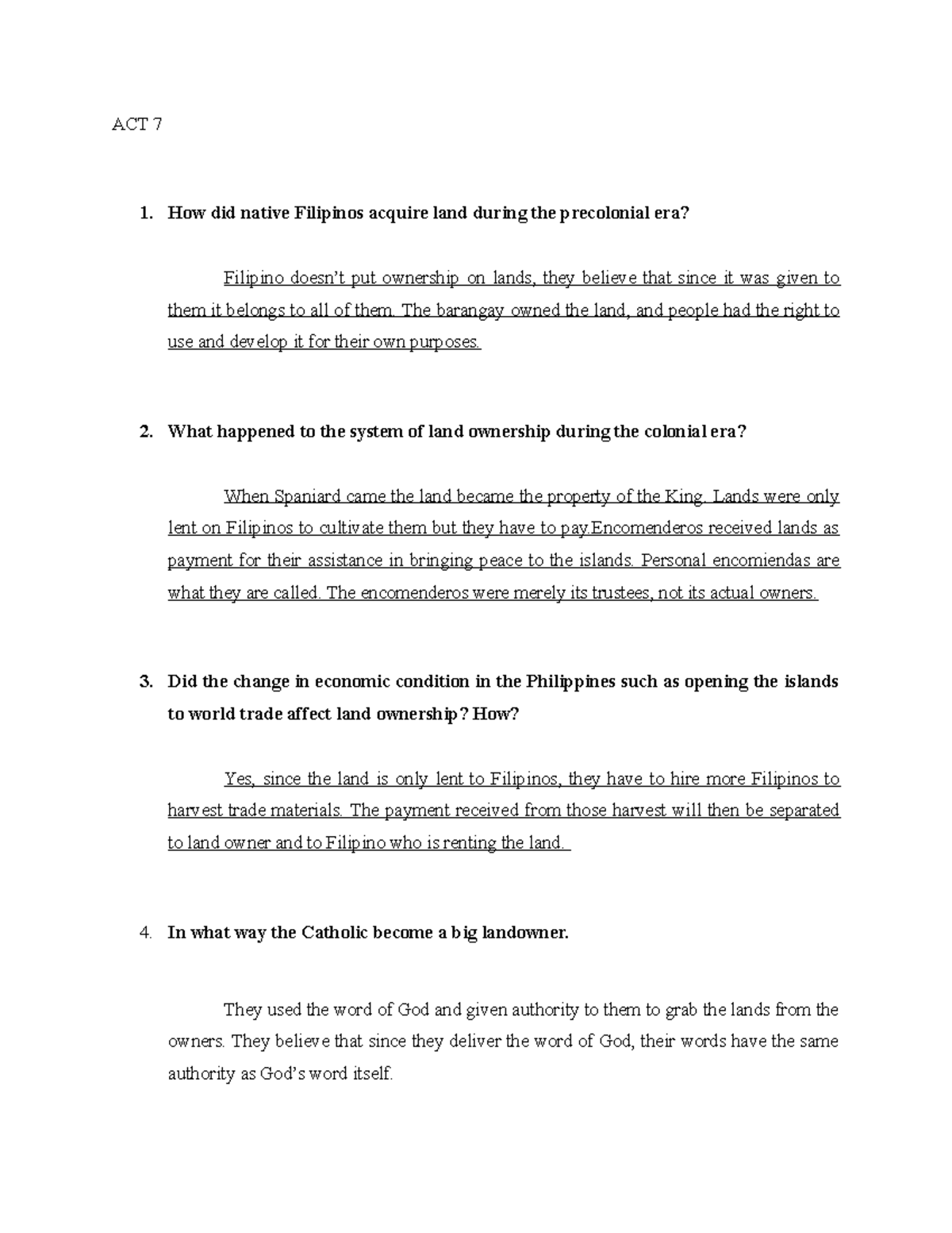 R7 - Chapter 7 - ACT 7 How did native Filipinos acquire land during the ...