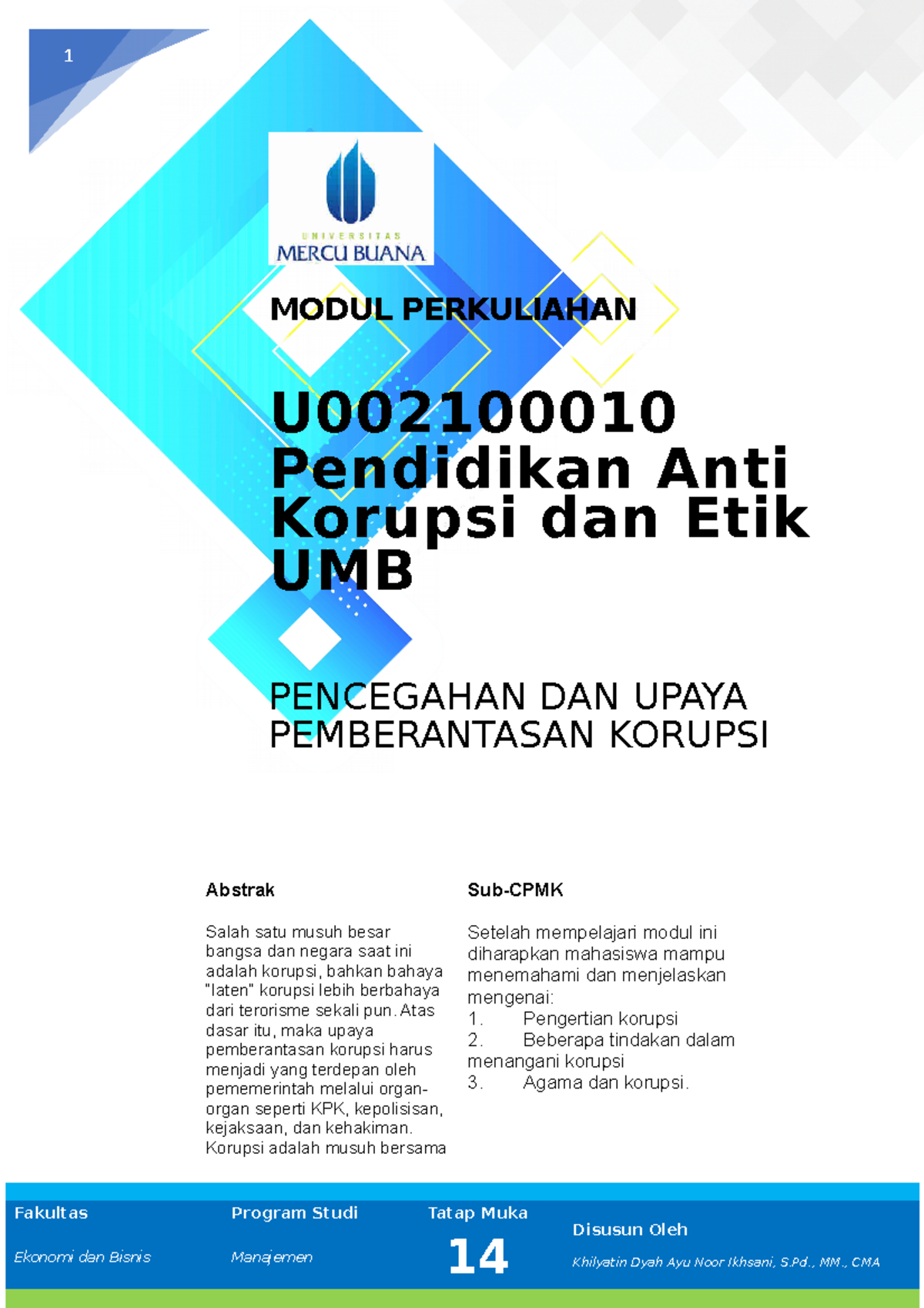 Modul Pend Anti Korupsi Dan Etik UMB, Pertemuan 14 - 1 MODUL ...