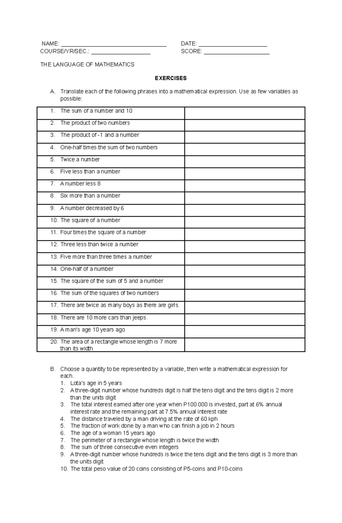 Copy of Exercises - Translating Mathematical Phrases and Sentences to ...