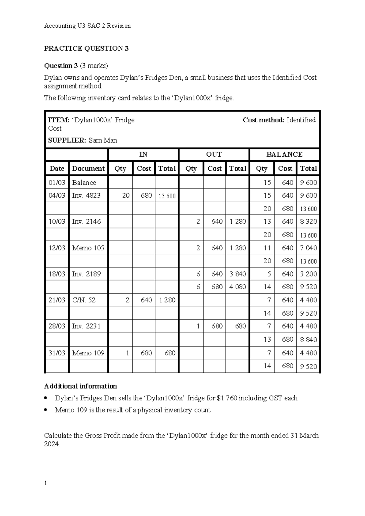 Practice Question 3 ACC U3 SAC 2 Q A S Accounting U3 SAC 2