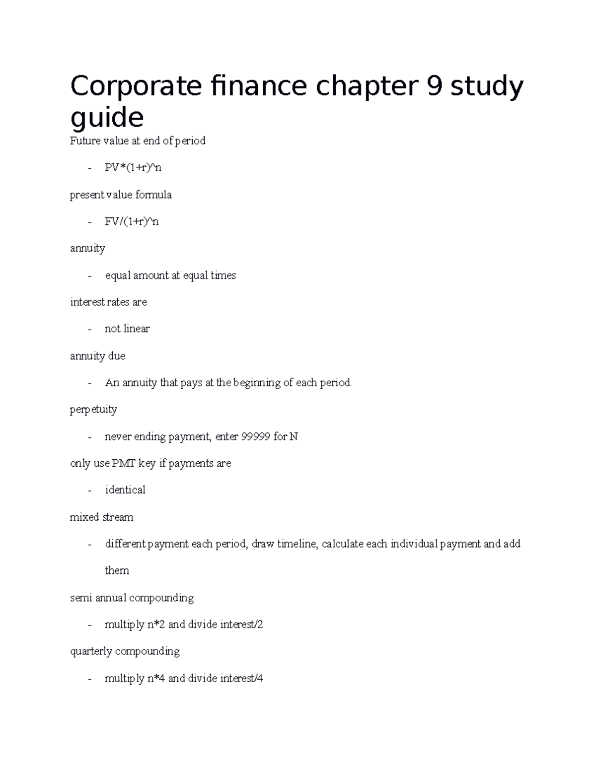 Chapter 9 Study Guide - Corporate Finance Chapter 9 Study Guide Future ...