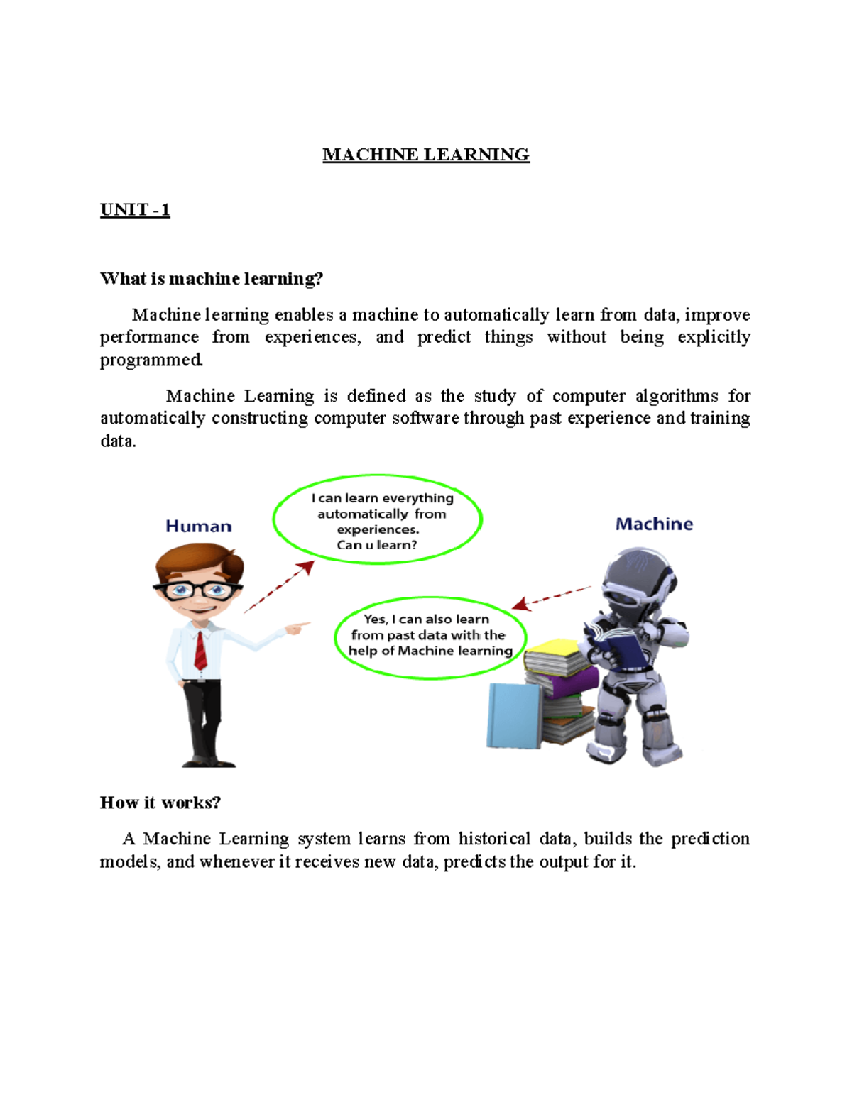 ML Unit1 (docx) - Unitr 2 - MACHINE LEARNING UNIT - What Is Machine ...