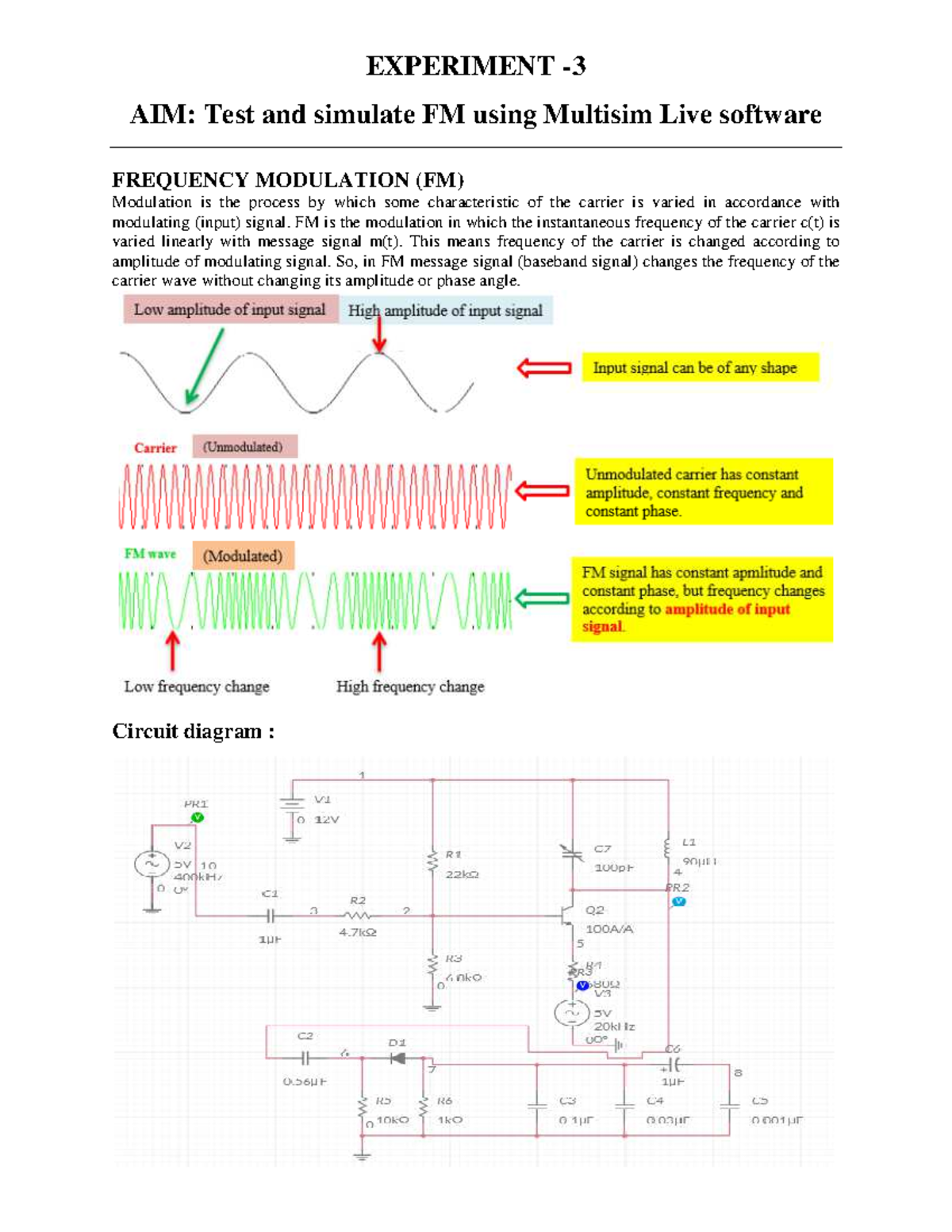 ICT PRAC 3 - EXPERIMENT - AIM: Test and simulate FM using Multisim Live ...