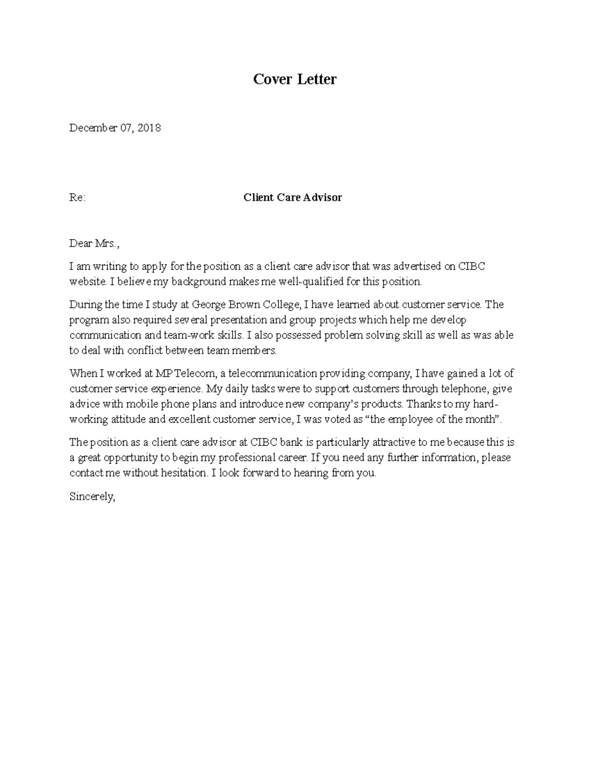 Cover Letter - Cover Letter December 07, 2018 Re: Client Care Advisor ...