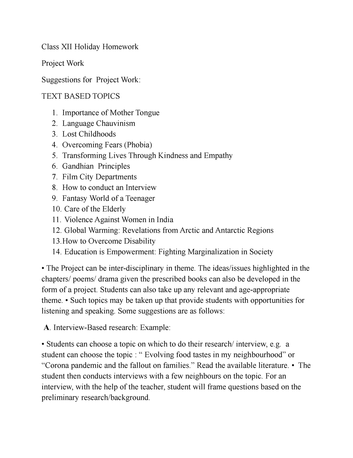 Project Topics Class 12 Class XII Holiday Homework Project Work 