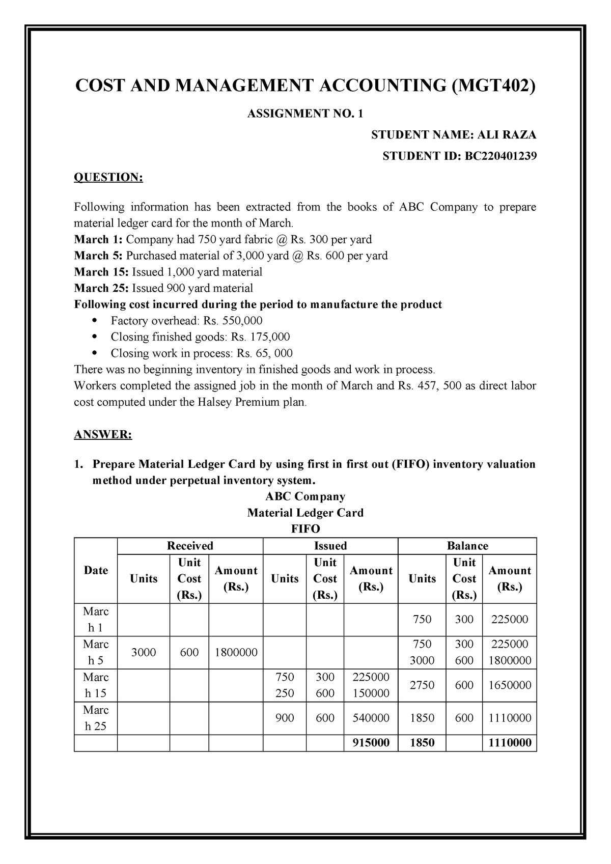 cost and management accounting (mgt402) assignment no 01