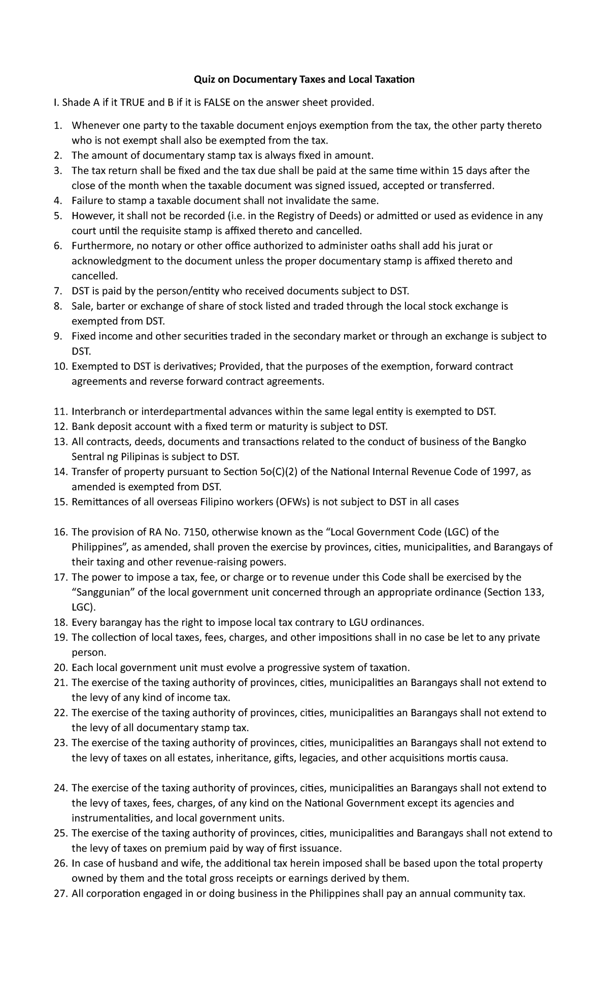 Quiz on Documentary Taxes and Local Taxation - Shade A if it TRUE and B ...