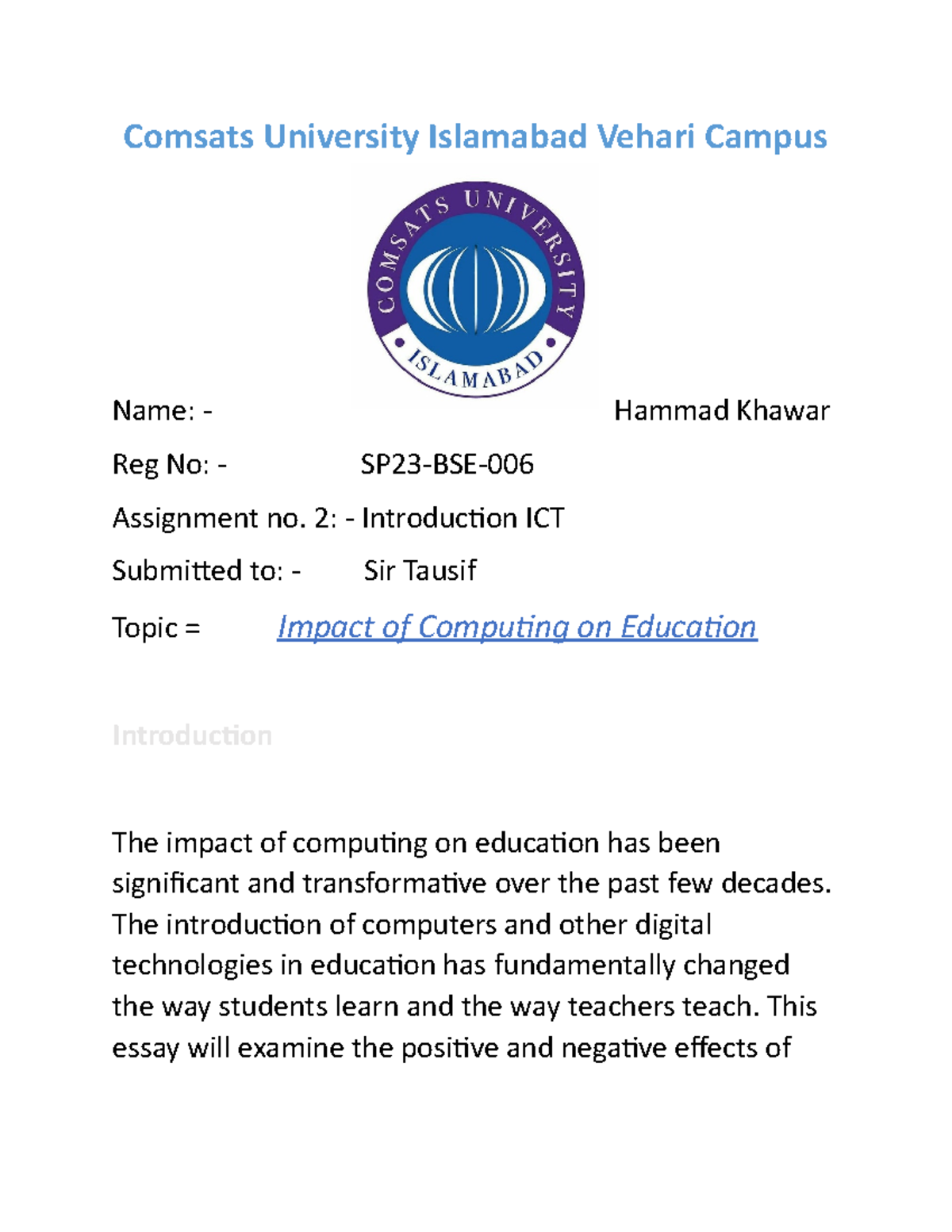 ICT assignment by hammad khawar - Comsats University Islamabad Vehari ...