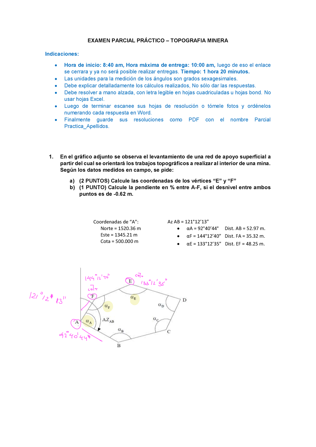 Examen Parcial PRÃ- Ctico - EXAMEN PARCIAL PRÁCTICO TOPOGRAFIA MINERA ...