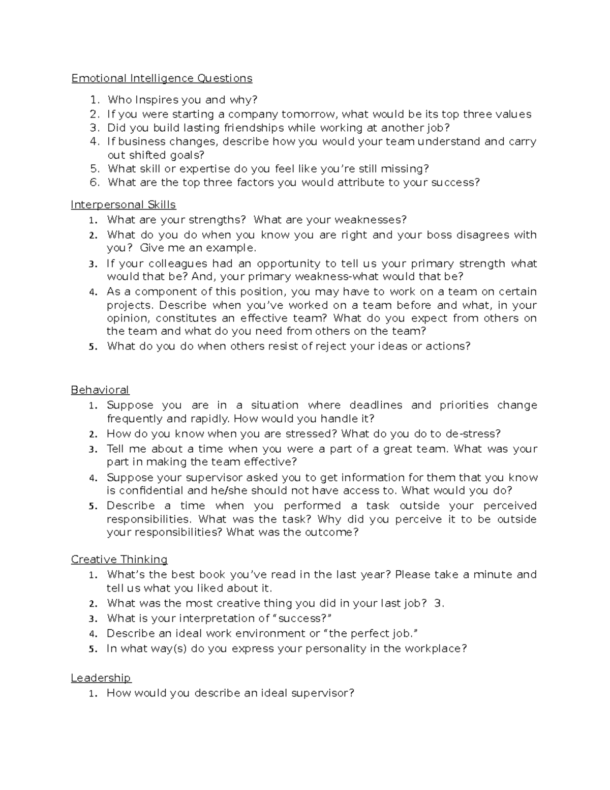 WI Questions Sample Questions - Emotional Intelligence Questions Who ...