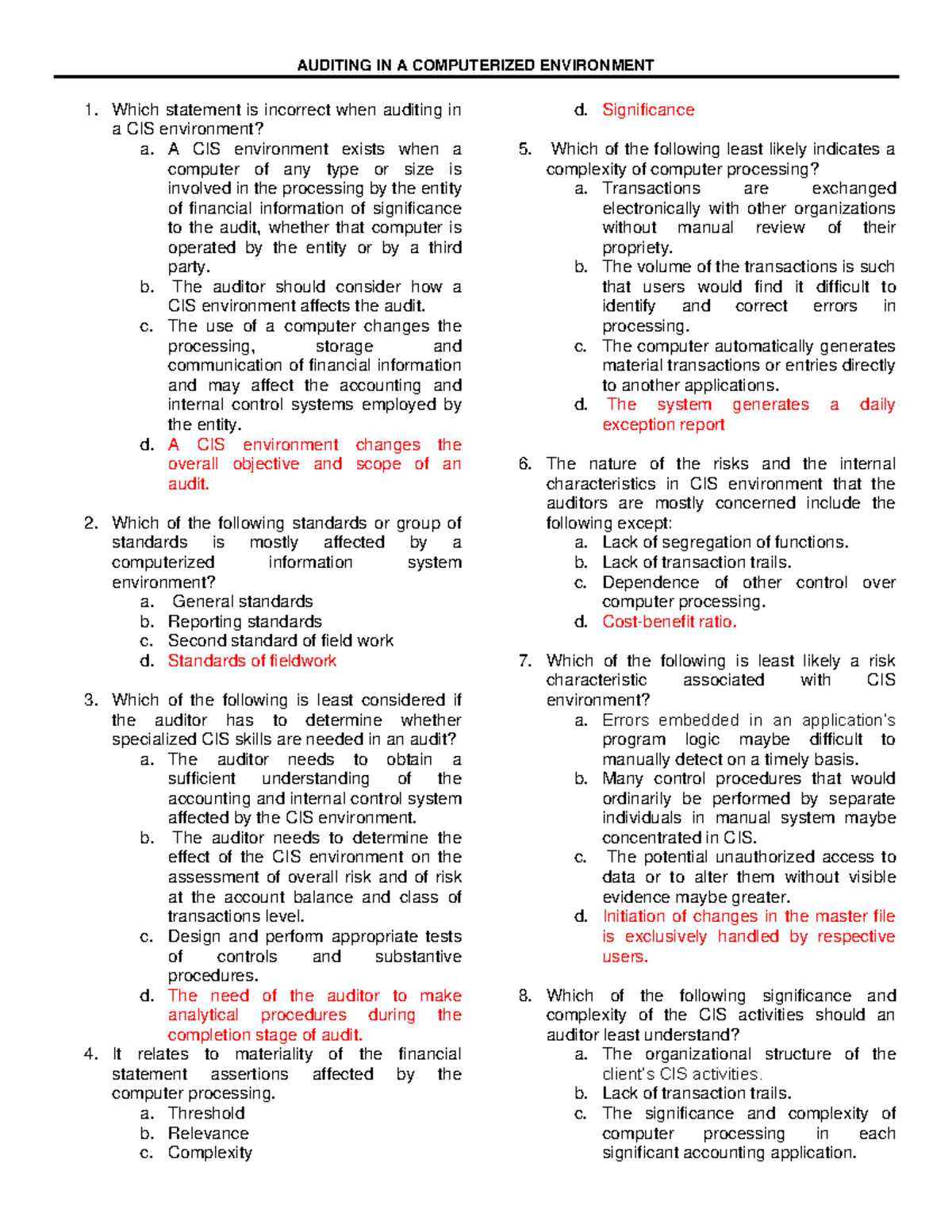 (CIS) Auditing- CIS Environment Test Bank - AUDITING IN A COMPUTERIZED ...