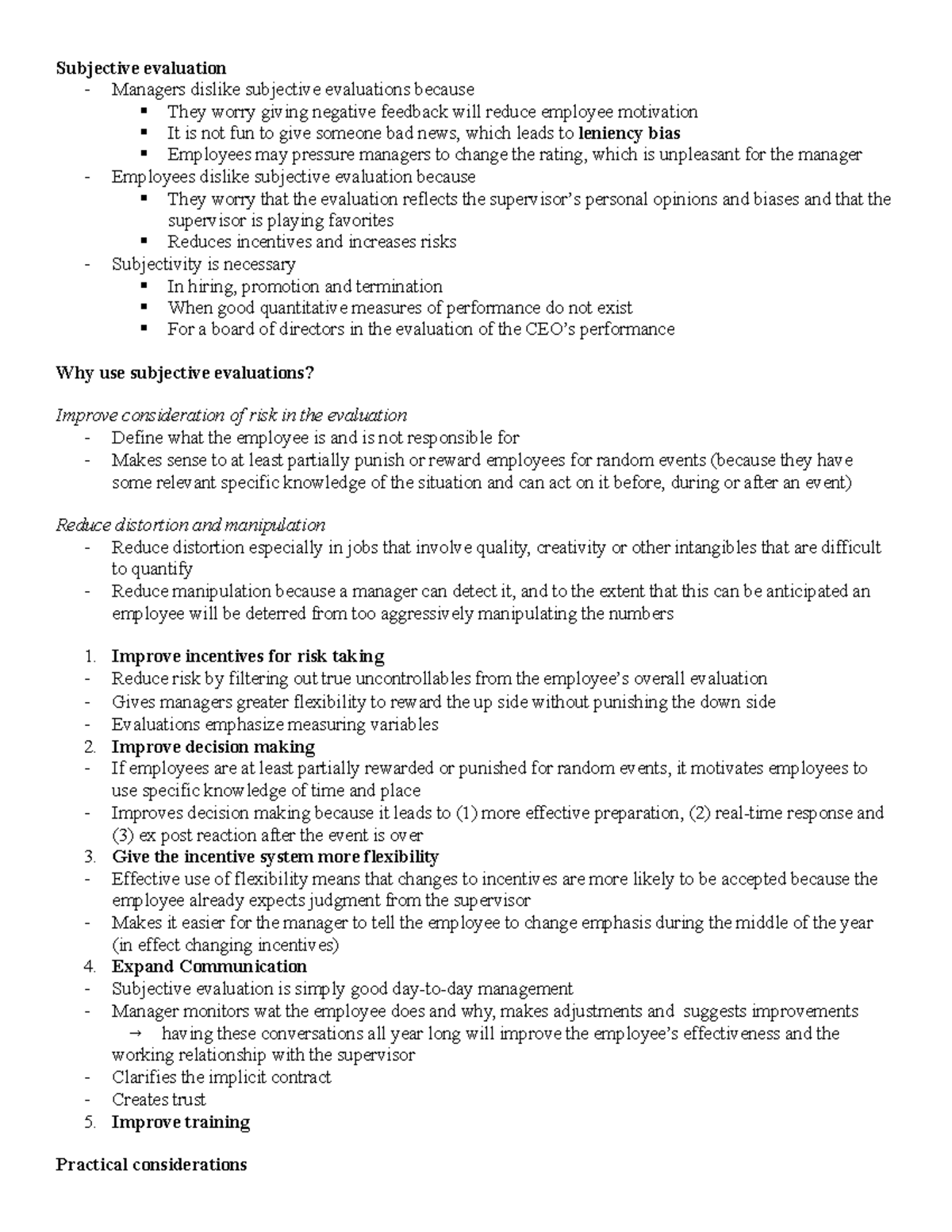 Subjective evaluation - 2. Improve incentives for risk taking Reduce ...