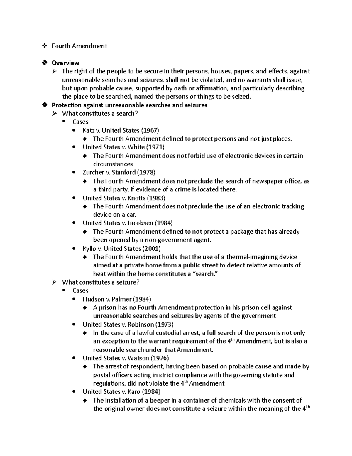 Fourth Amendment Case Summaries Fourth Amendment Overview The right