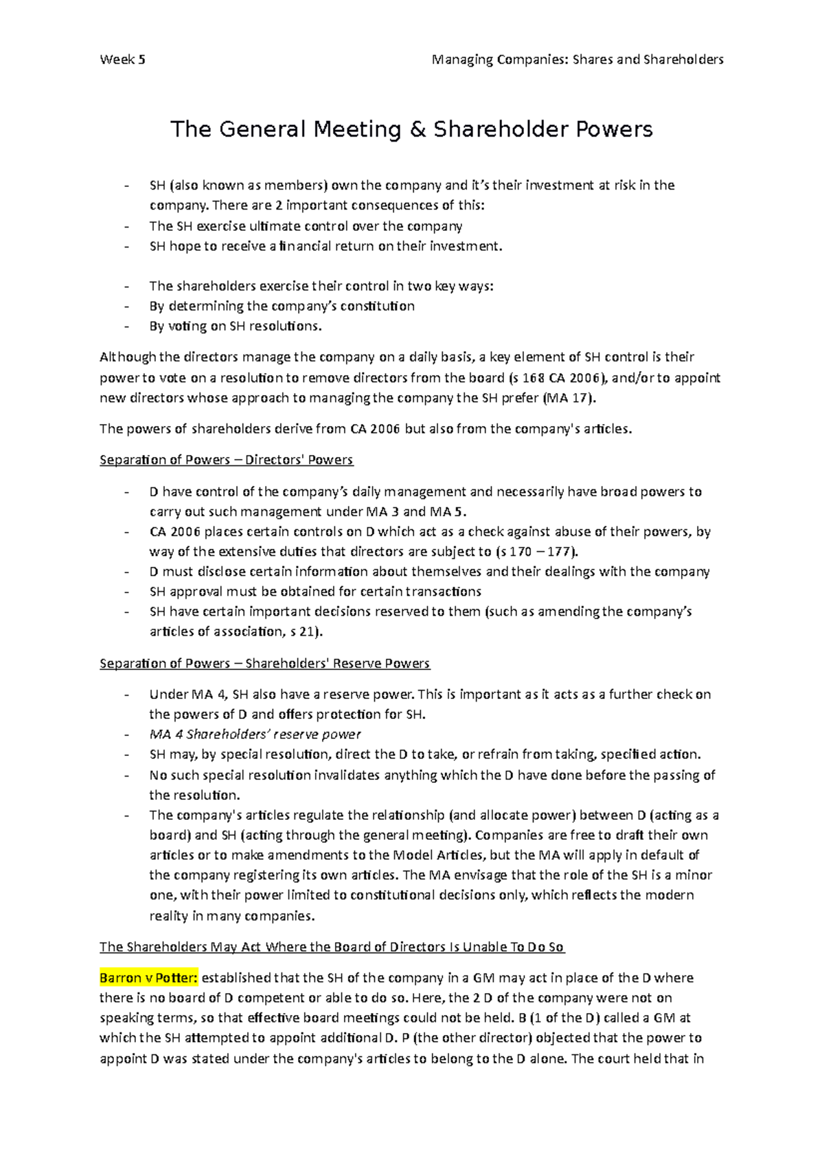 Shares and Shareholders The General Meeting & Shareholder Powers SH