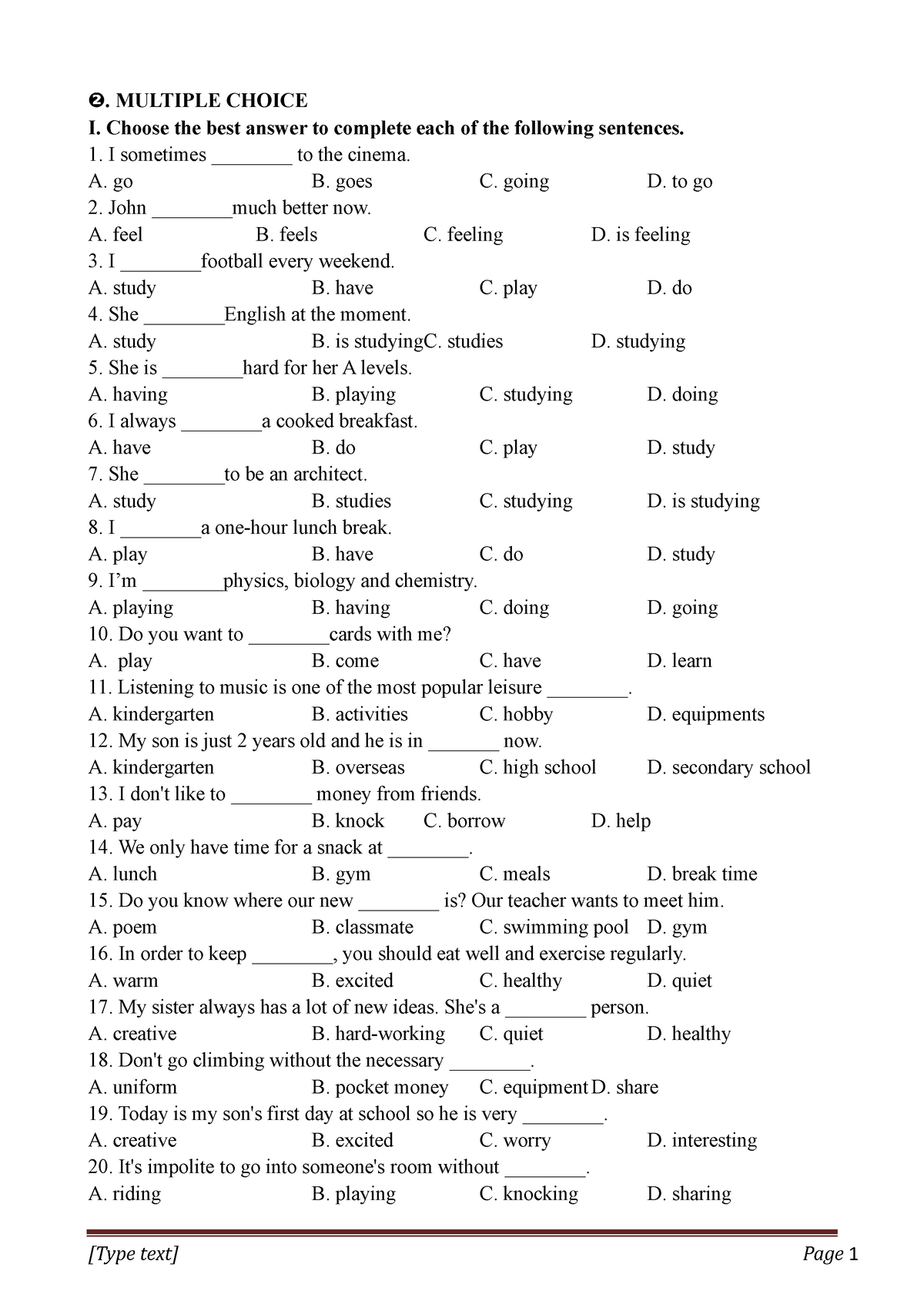 Unit 1 - English - . Multiple Choice I. Choose The Best Answer To 