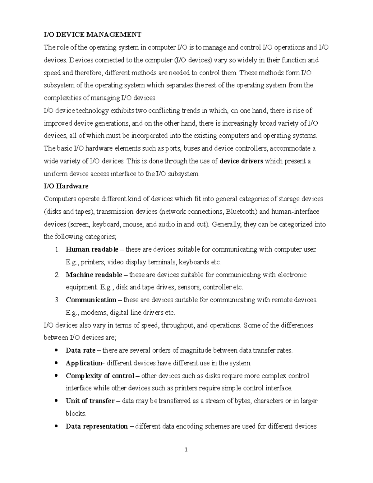 IO Device Management - Lecture notes 2 - I/O DEVICE MANAGEMENT The role ...