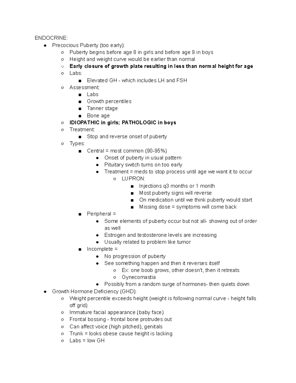 Pedi Exam 3 Notes - ENDOCRINE: Precocious Puberty (too early): Puberty ...