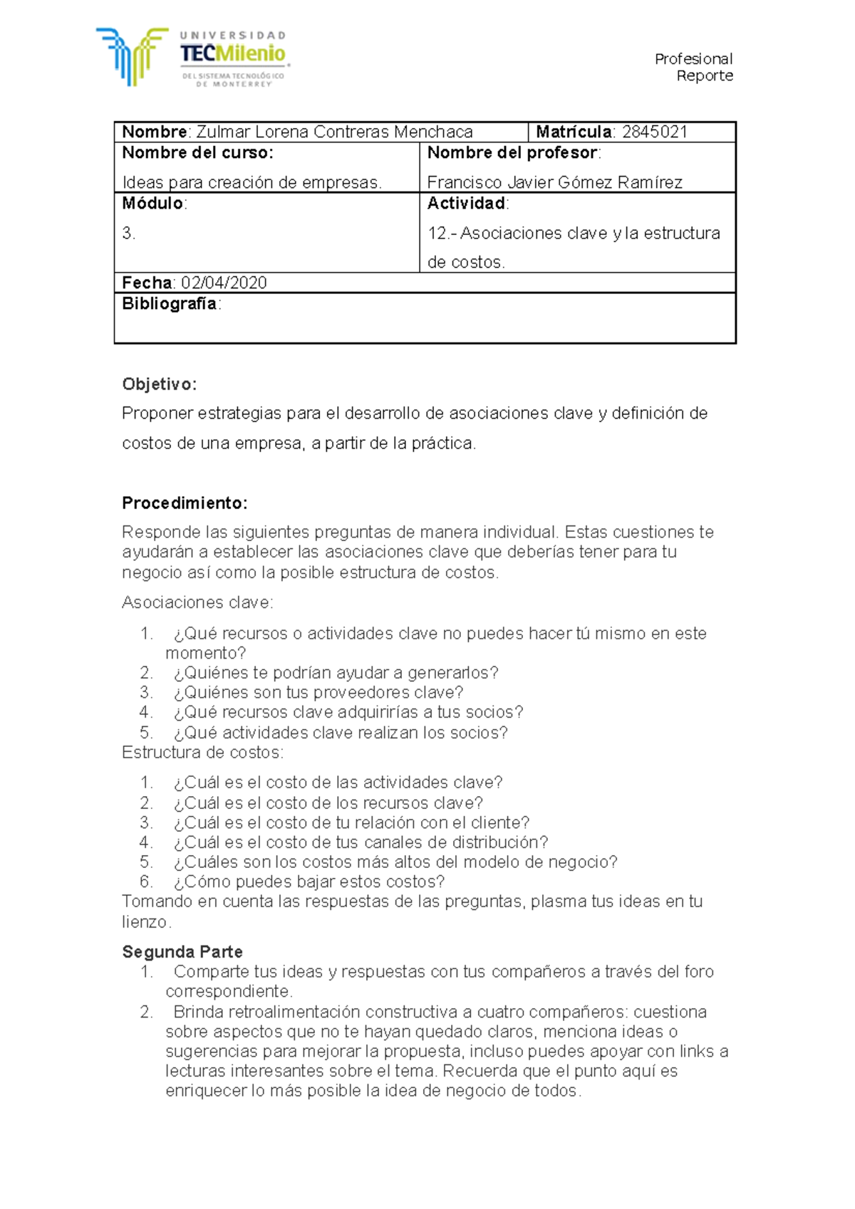 Actividad 12.- ideas para creacion de empresas - Reporte Nombre ...