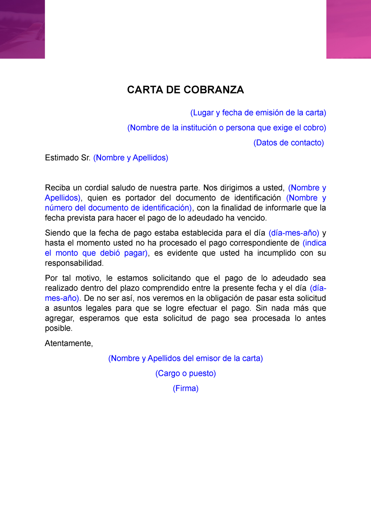 Carta De Cobranza - CARTA DE COBRANZA (Lugar Y Fecha De Emisión De La ...