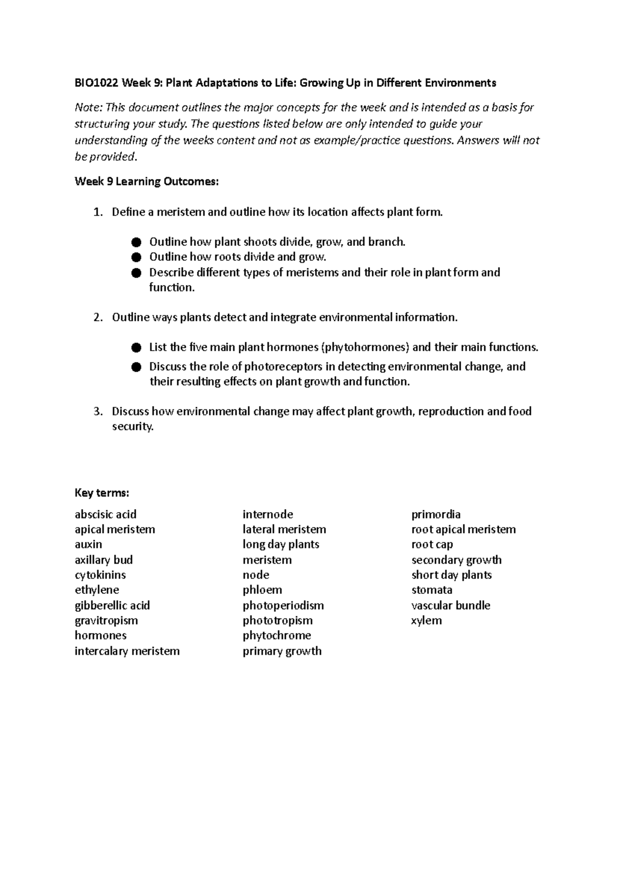 Week 9 Study Guide - Lecture notes 9 - BIO1022 - Monash - Studocu