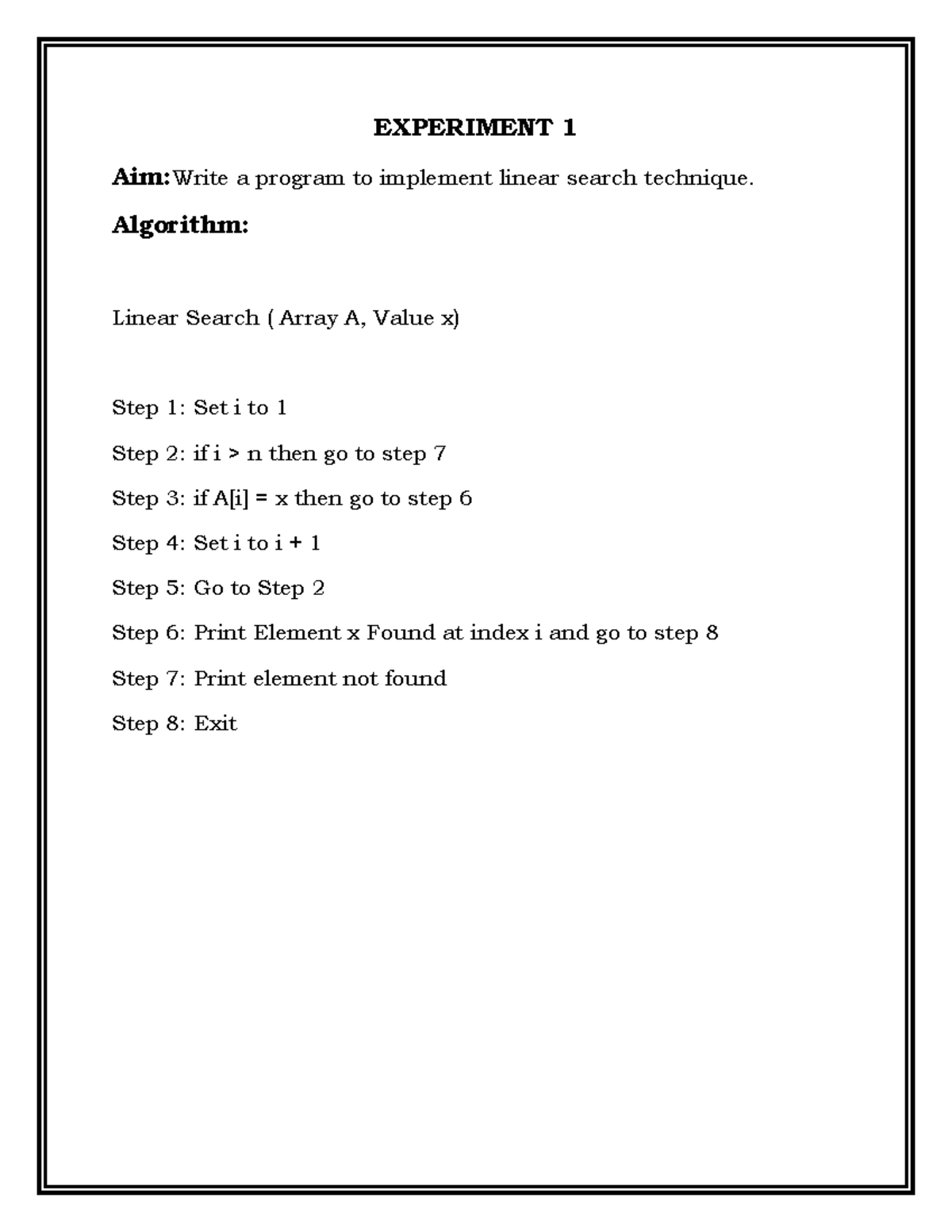 data structure. - EXPERIMENT 1 Aim: Write a program to implement linear ...