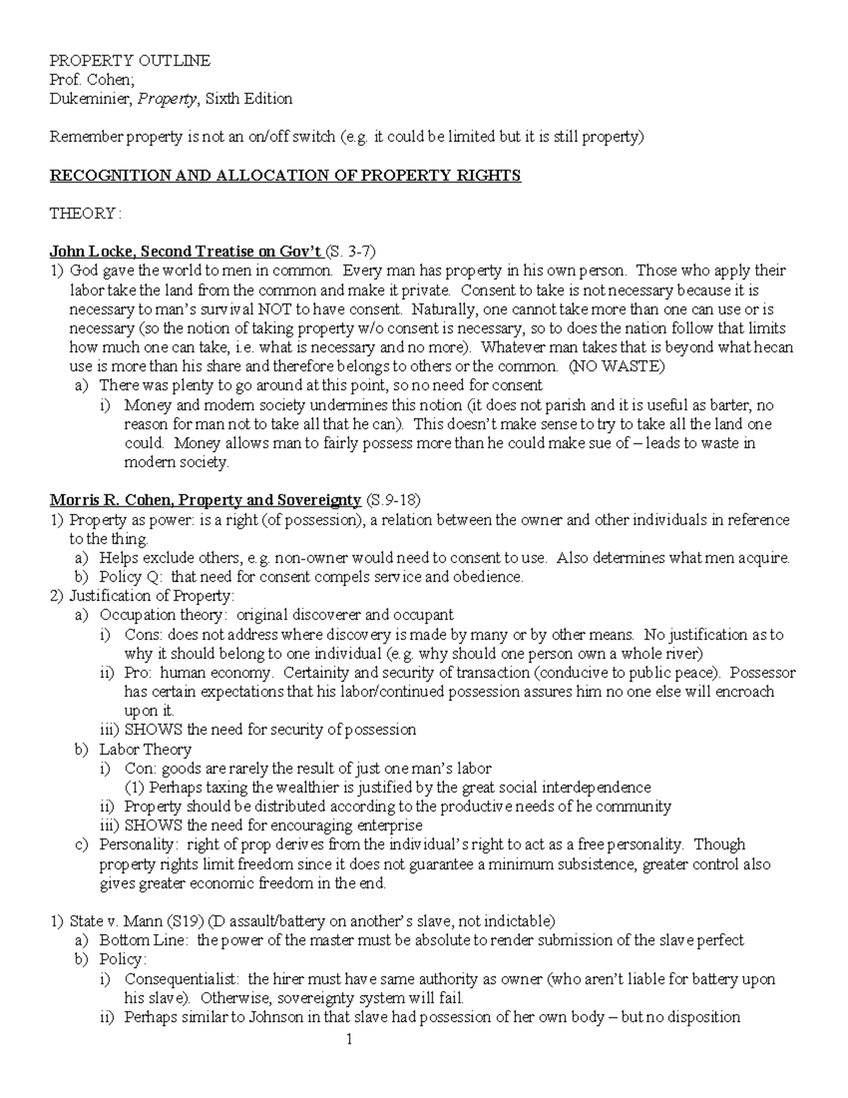 Property Outline PROPERTY OUTLINE Prof. Cohen; Dukeminier, Property
