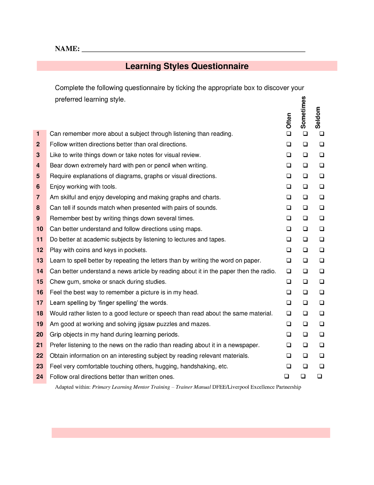 Learning Styles Questionnaire - NAME