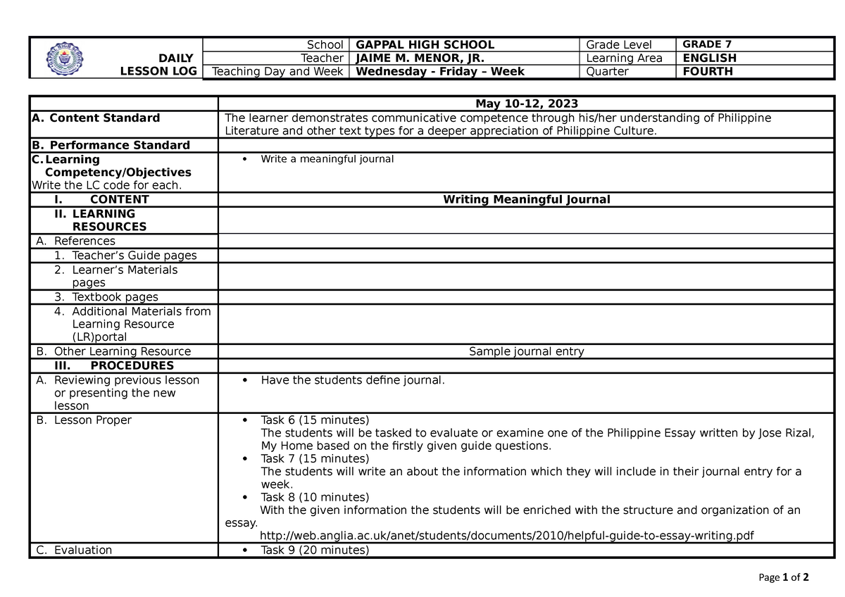 May 10-12 - Hope you find it useful. - DAILY LESSON LOG School GAPPAL ...