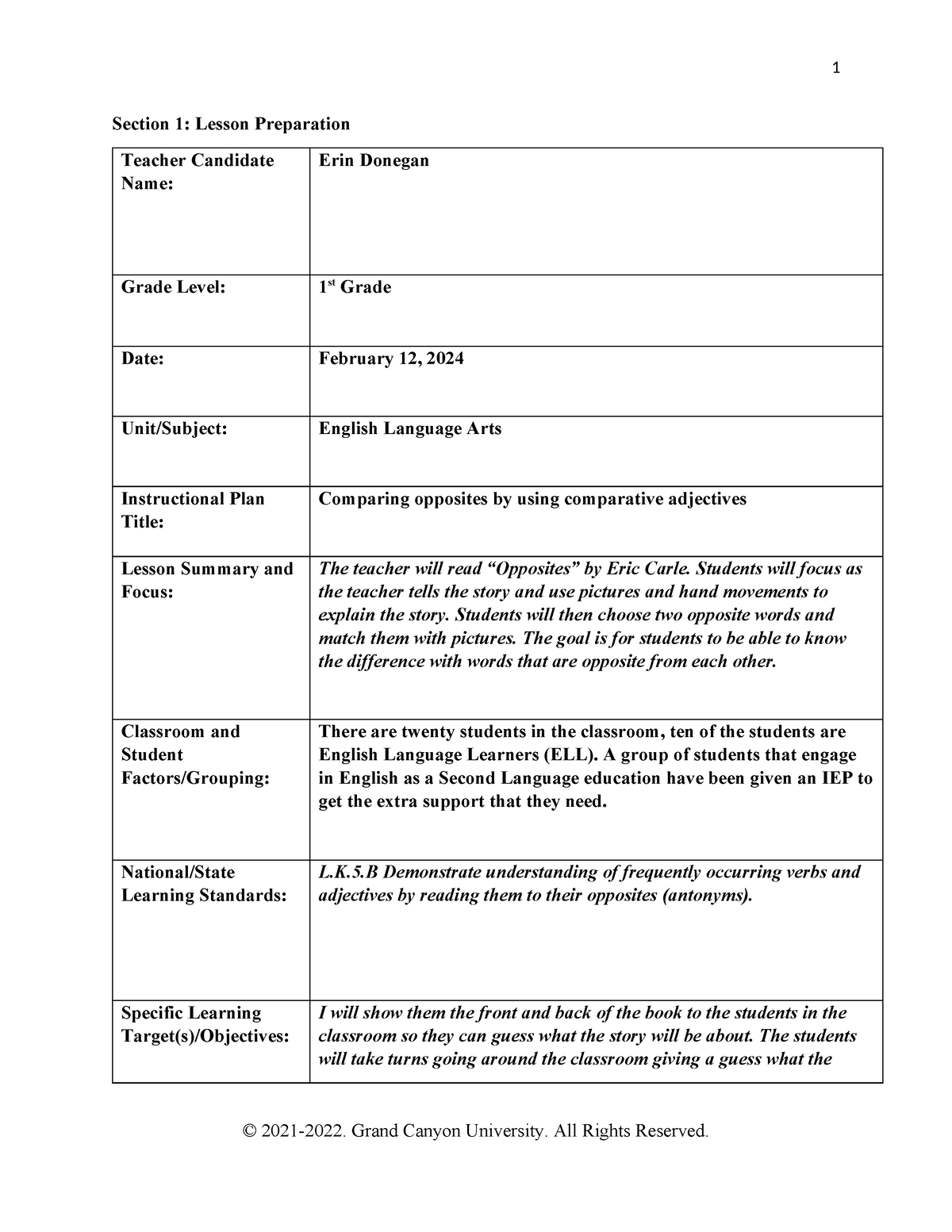 Lesson Plan - Section 1: Lesson Preparation Teacher Candidate Name 