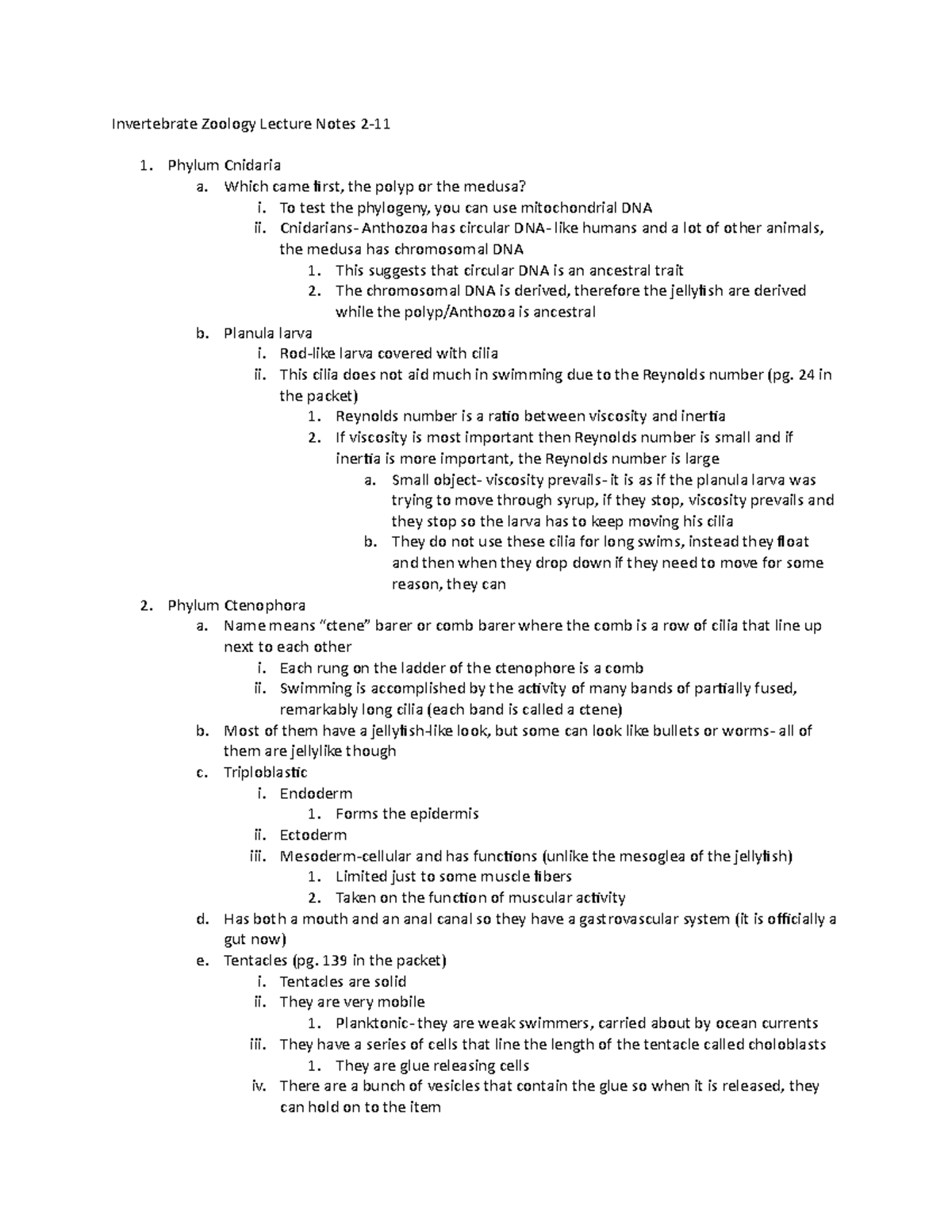 Invertebrate Zoology Lecture Notes 2 11 Phylum Cnidaria A Which Came