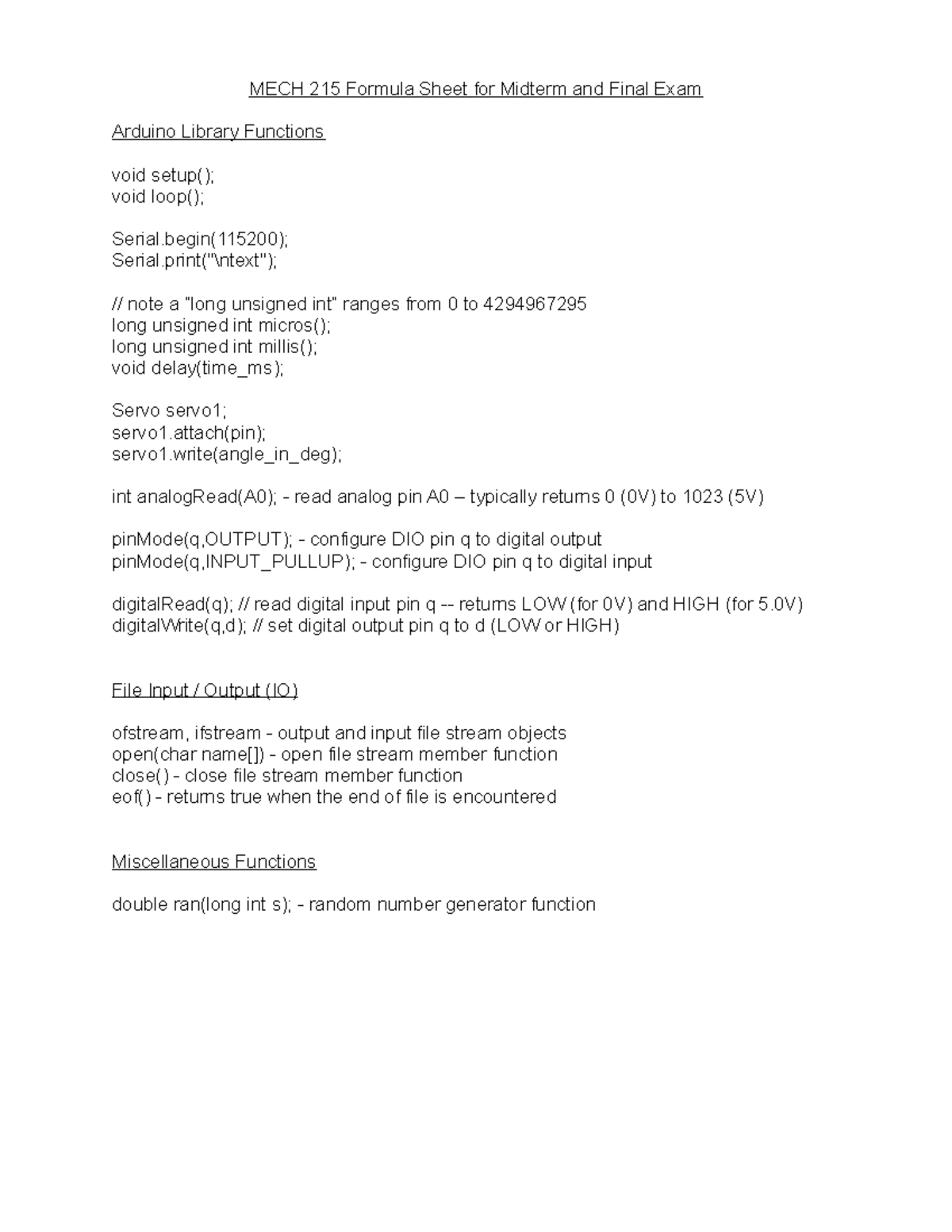 MECH215 exam formula sheet - MECH 215 Formula Sheet for Midterm and ...