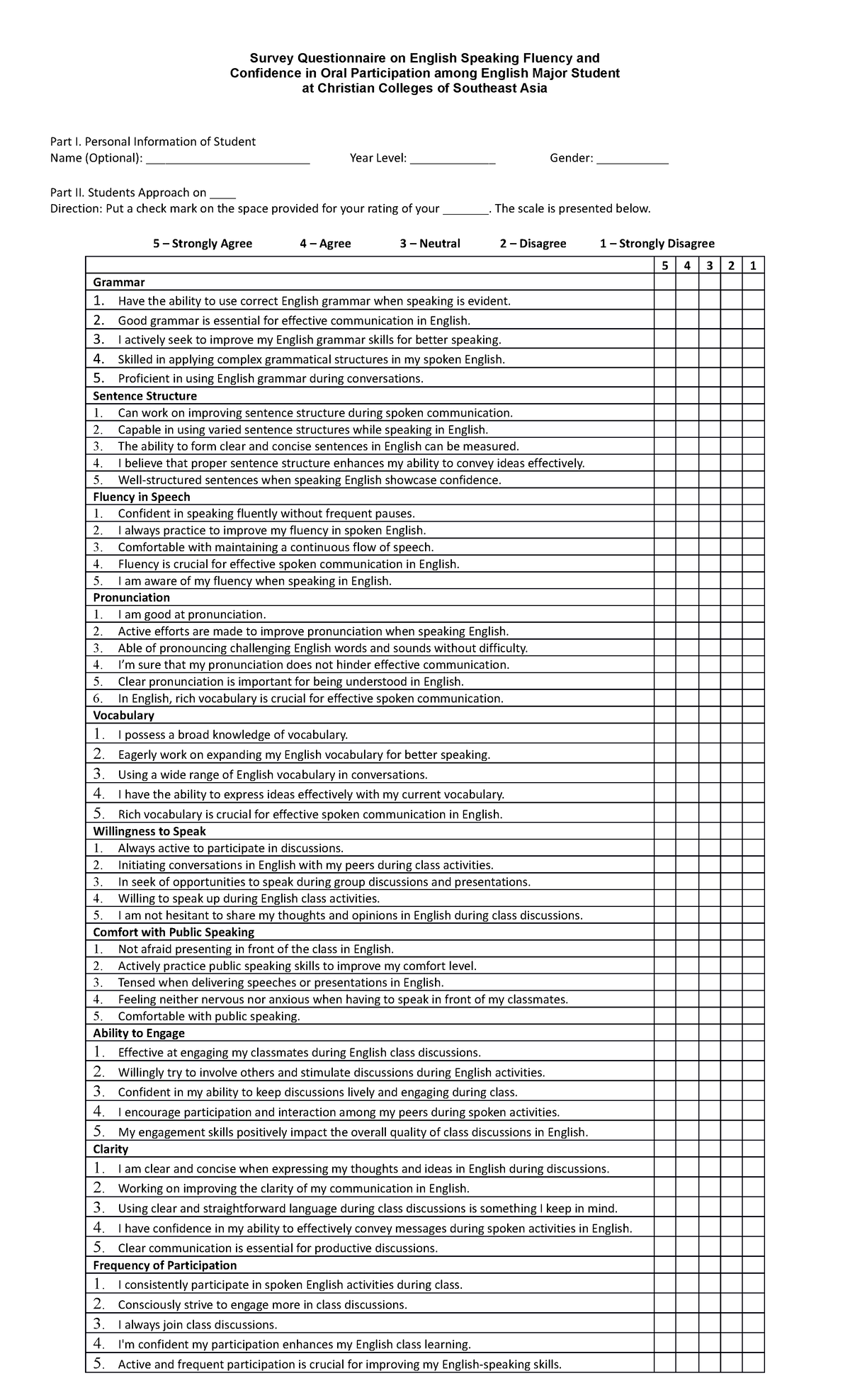 Survey Questionnaire - Personal Information of Student Name (Optional