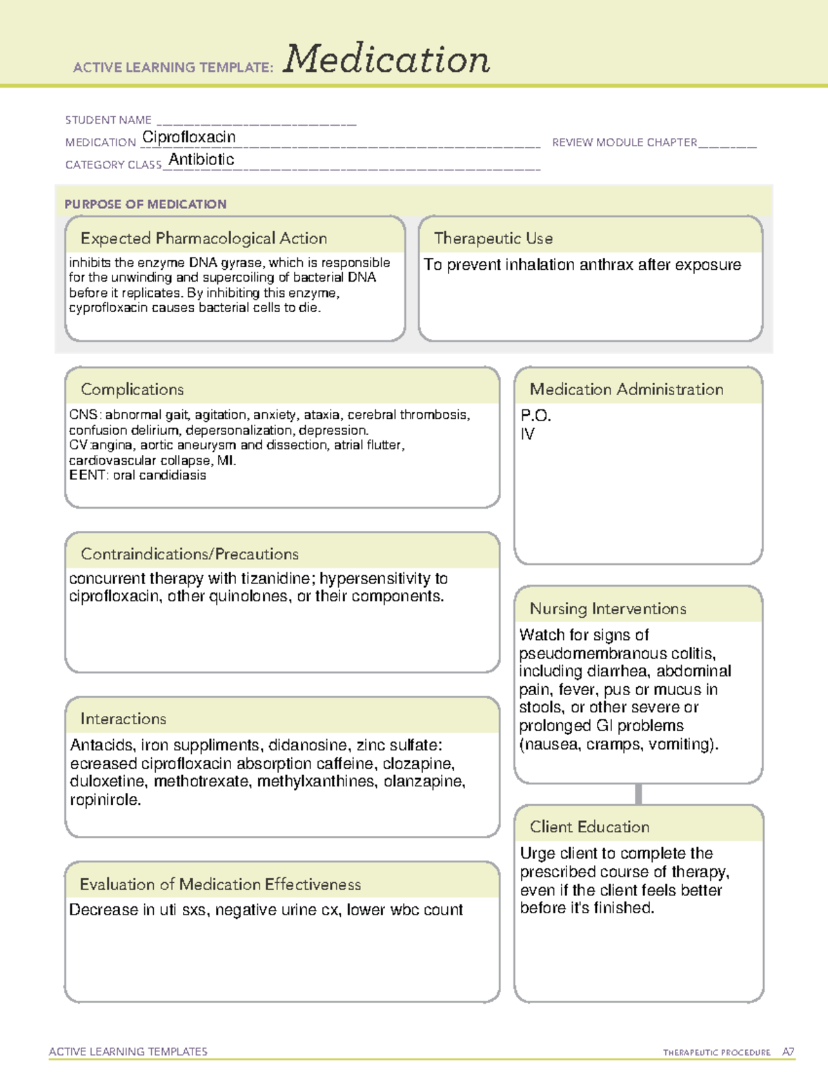 Ciprofloxacin med card ACTIVE LEARNING TEMPLATES THERAPEUTIC