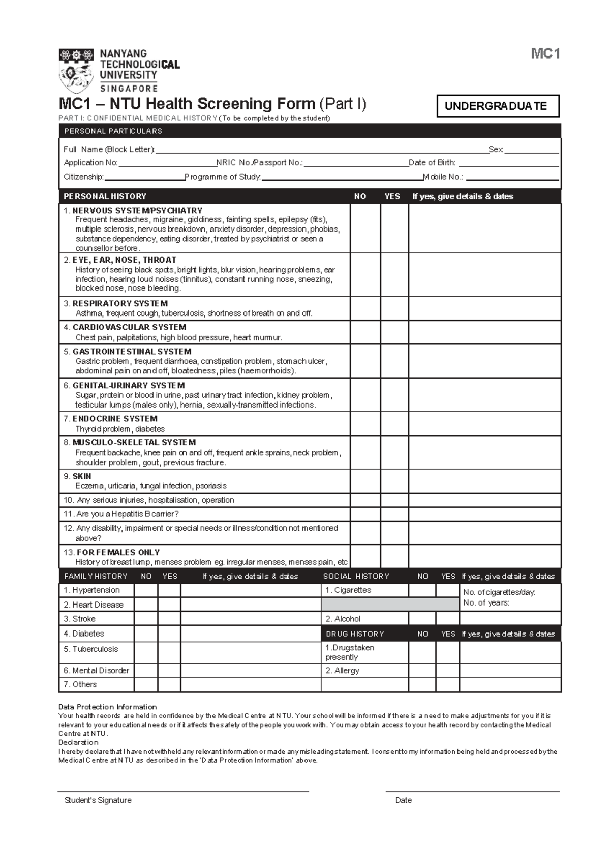 Mc1 form MC1 form MC1 NTU Health Screening Form (Part I) PART I
