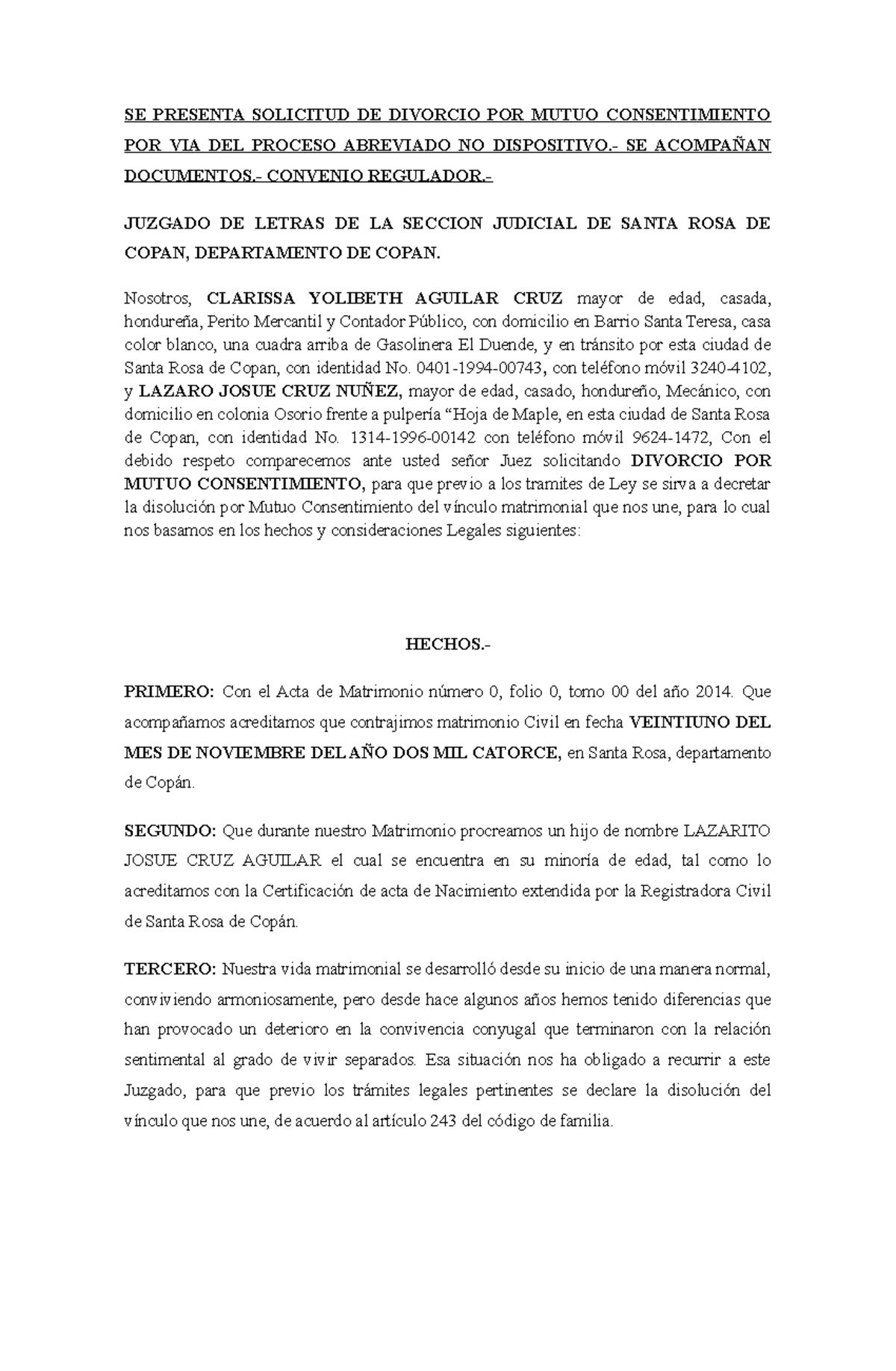 Modificado Solicitud Y Convenio De Divorcio Por Mutuo Consentimiento