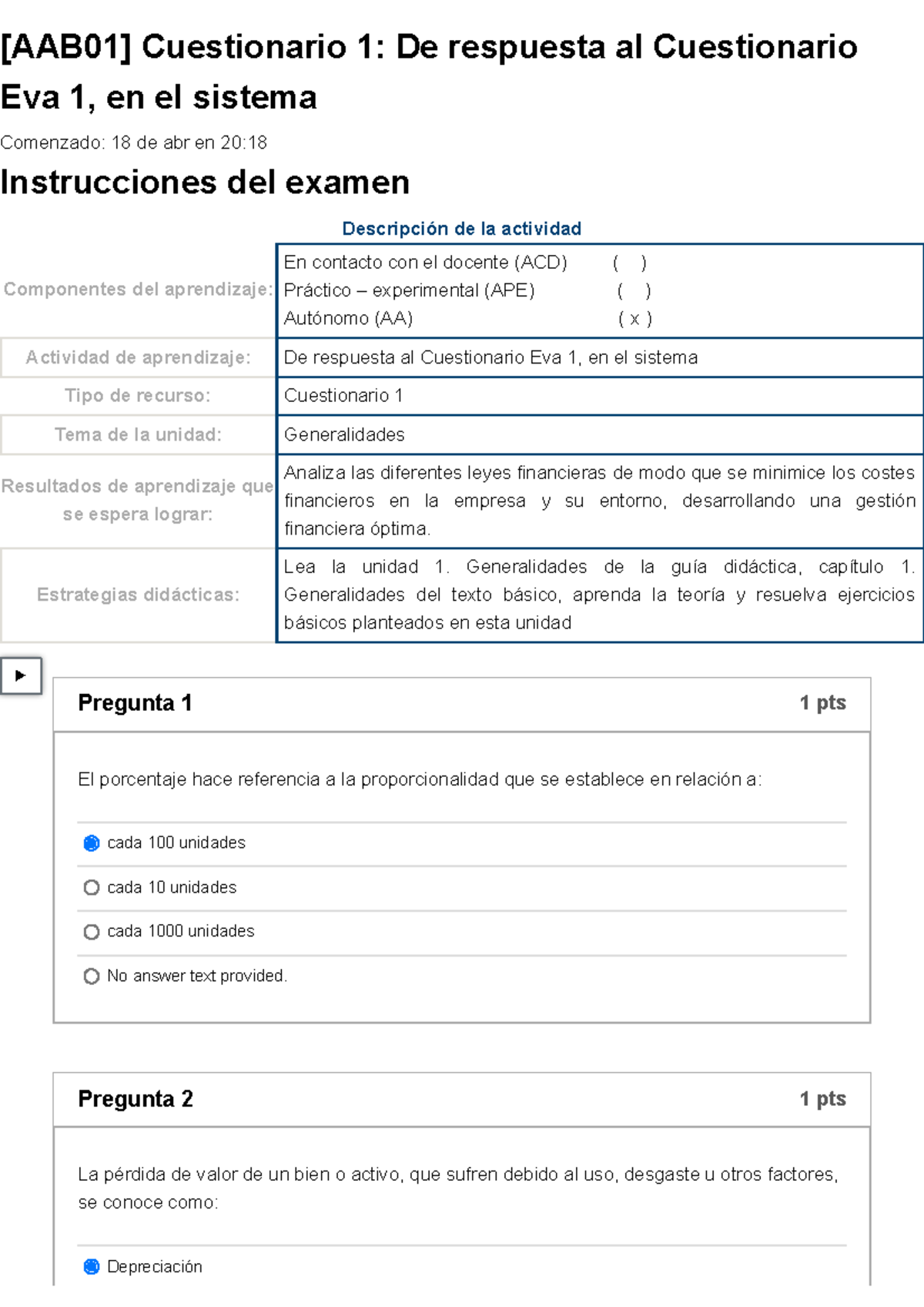 Examen [AAB01] Cuestionario 1 De Respuesta Al Cuestionario Eva 1, En El ...