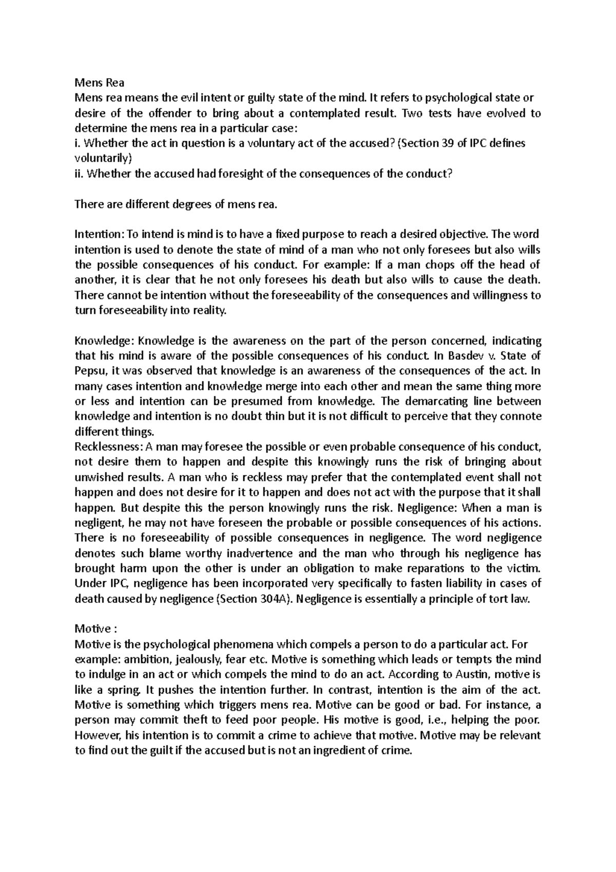 Mens Rea - class notes - Mens Rea Mens rea means the evil intent or ...