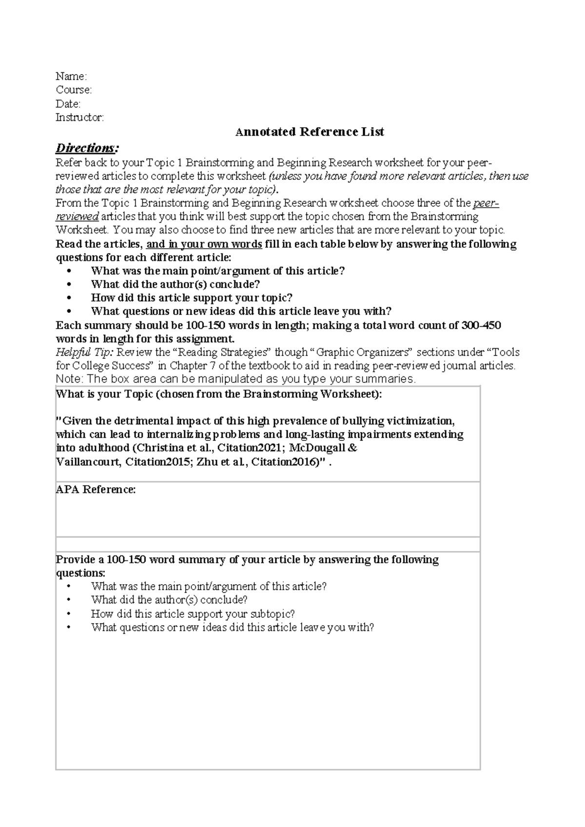 Untitled - njbd h - Name: Course: Date: Instructor: Annotated Reference ...
