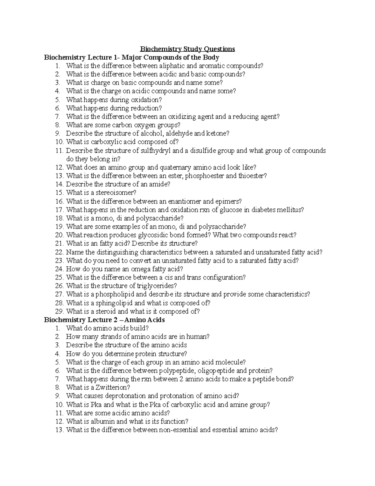 Sample/practice exam, questions - Biochemistry Study Questions ...