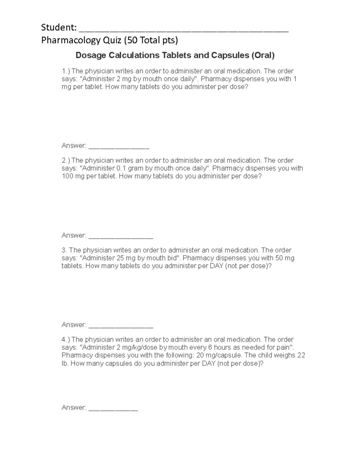 Oral Dosage Calculations Quiz Montgomery Student