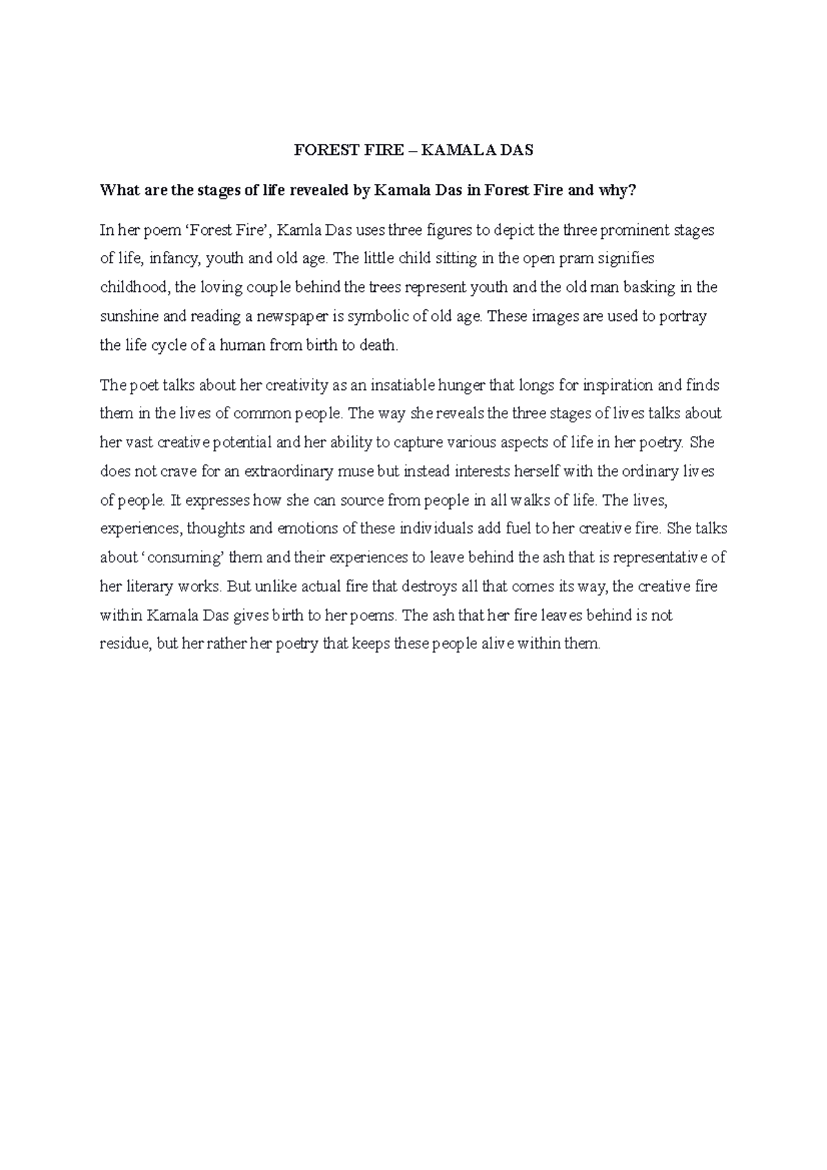 Forest Fire QA Summaries of certain concepts in the form of question