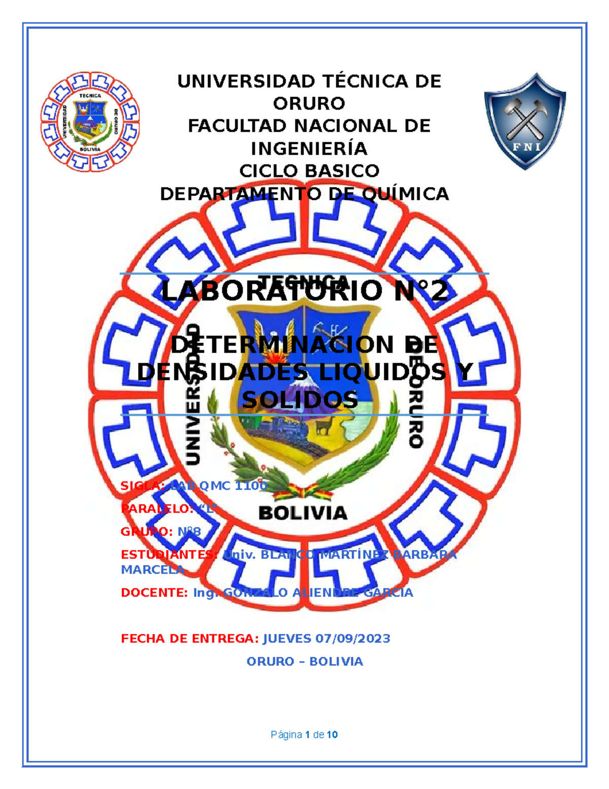 LAB 4 Densidades - UNIVERSIDAD TÉCNICA DE ORURO FACULTAD NACIONAL DE ...