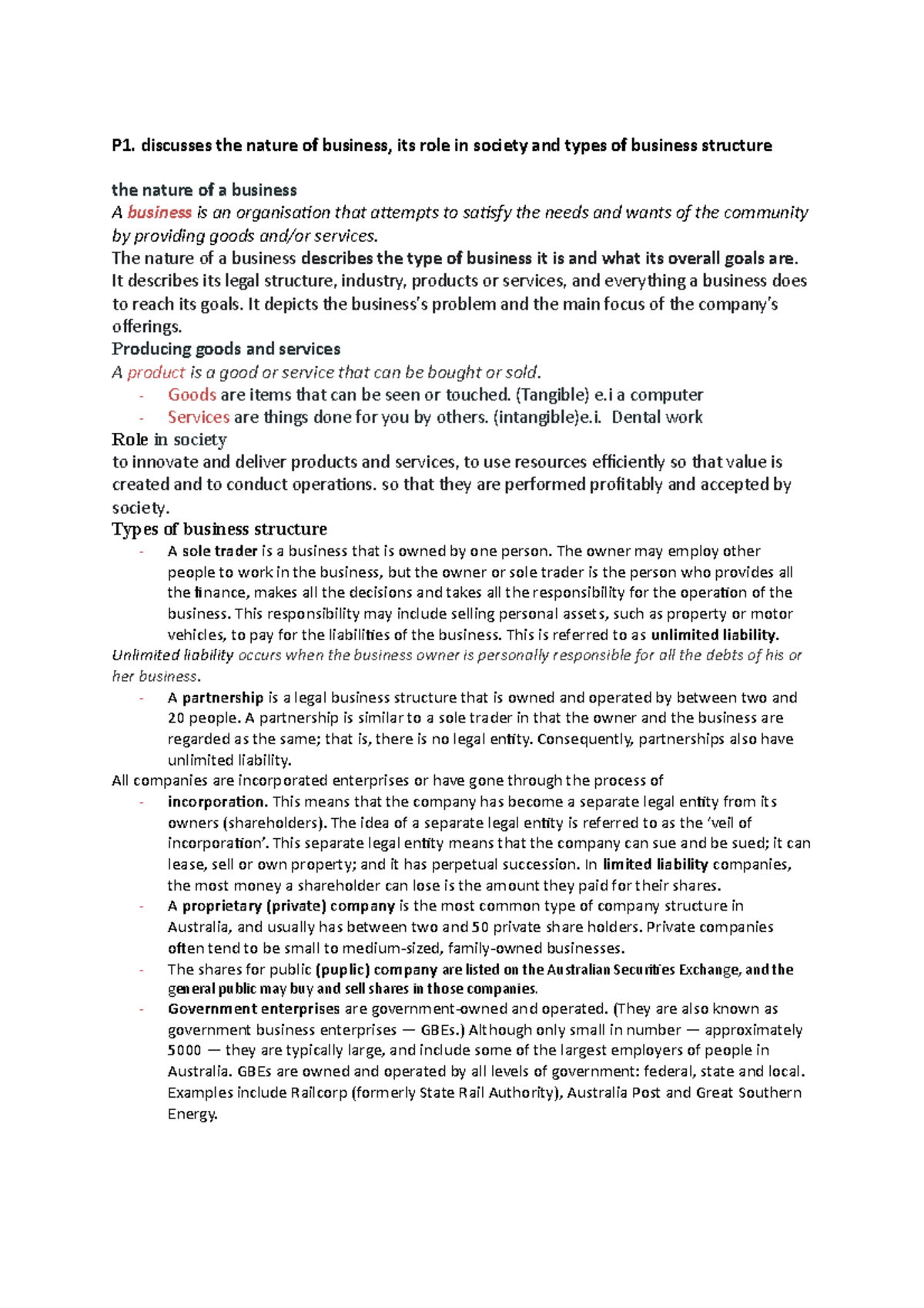 Exam summary - P1. discusses the nature of business, its role in ...