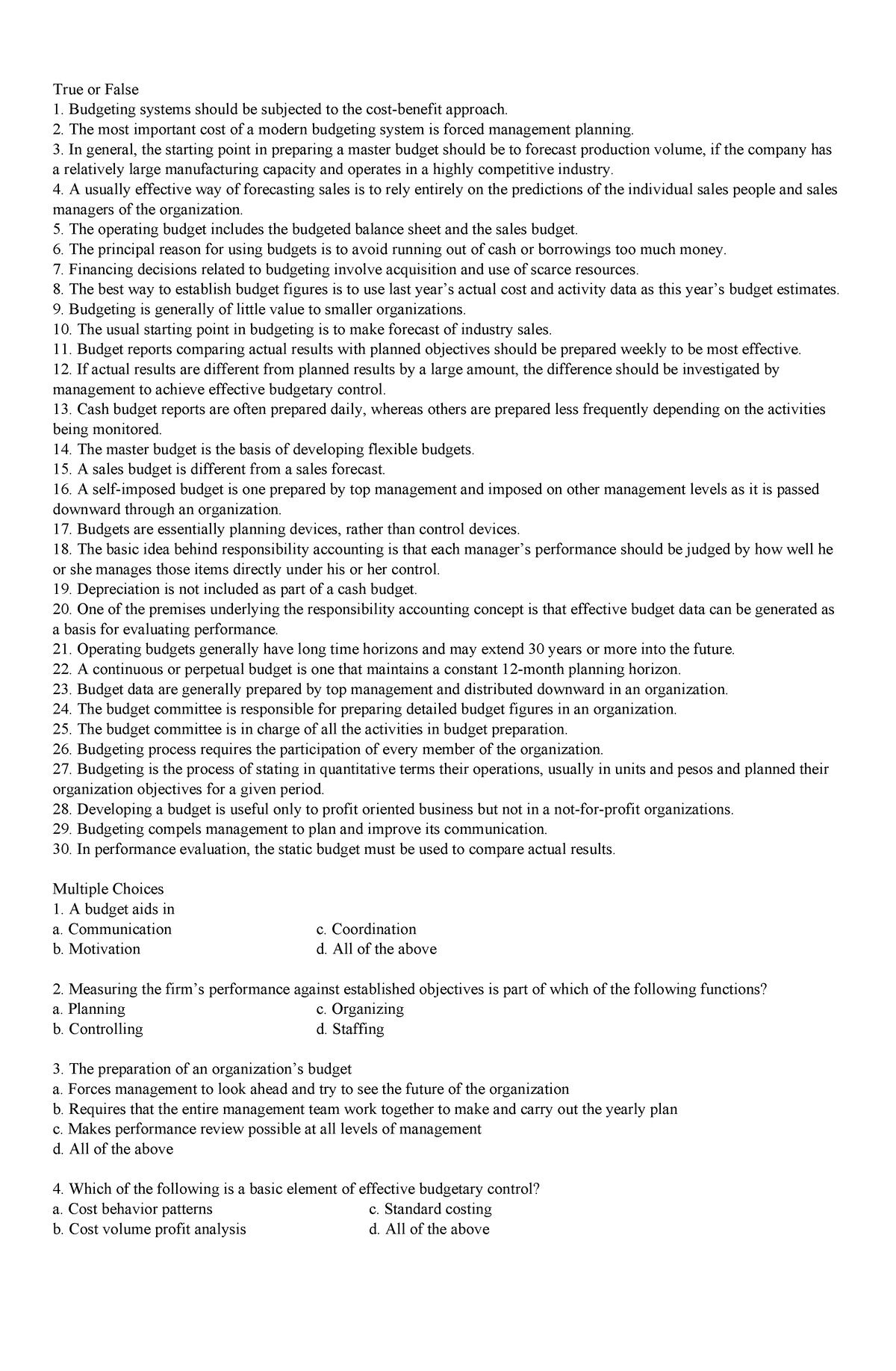 Financial Management - Finals Seatwork 1 - True or False Budgeting ...