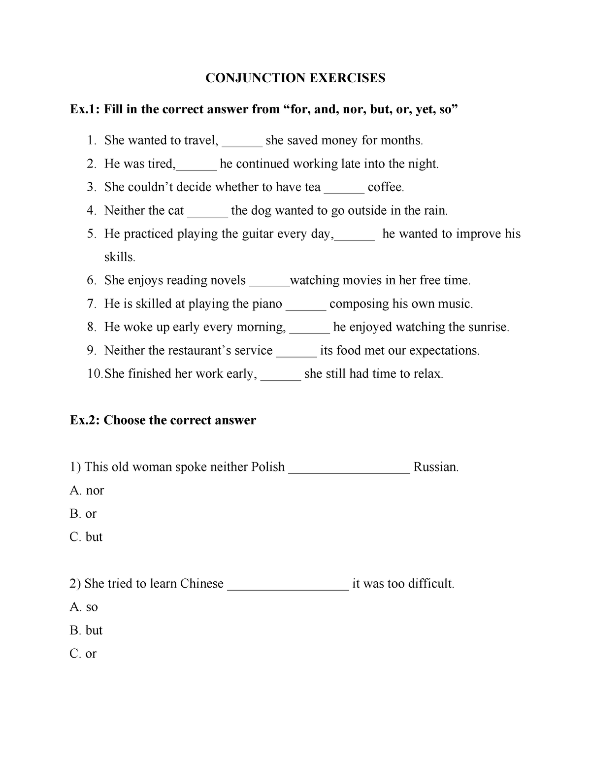 Conjunction Exercises Conjunction Exercises Ex Fill In The Correct Answer From “for And Nor 1137