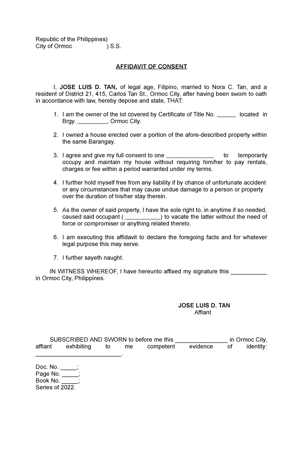 Affidavit of Consent - For references - Republic of the Philippines ...