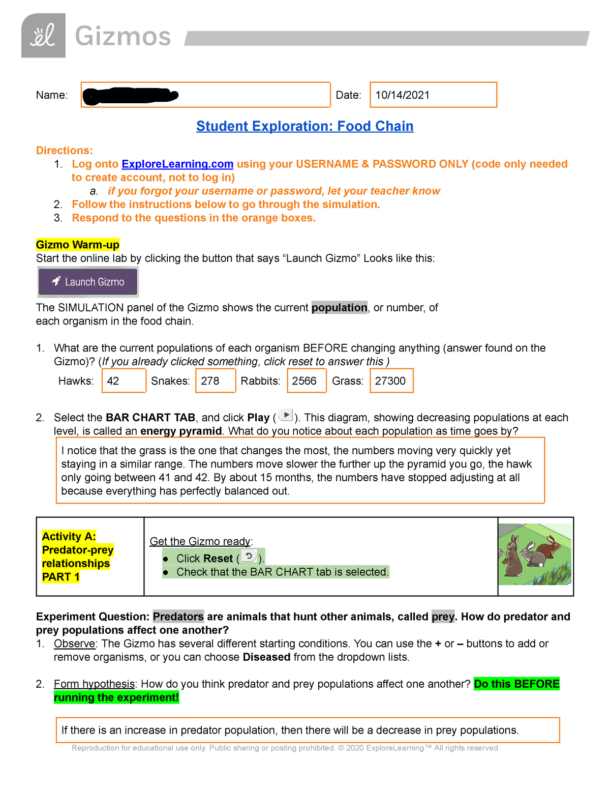 Food Chain Gizmo - Name: Audrey Wasbauer Date: 10/14/ Student ...